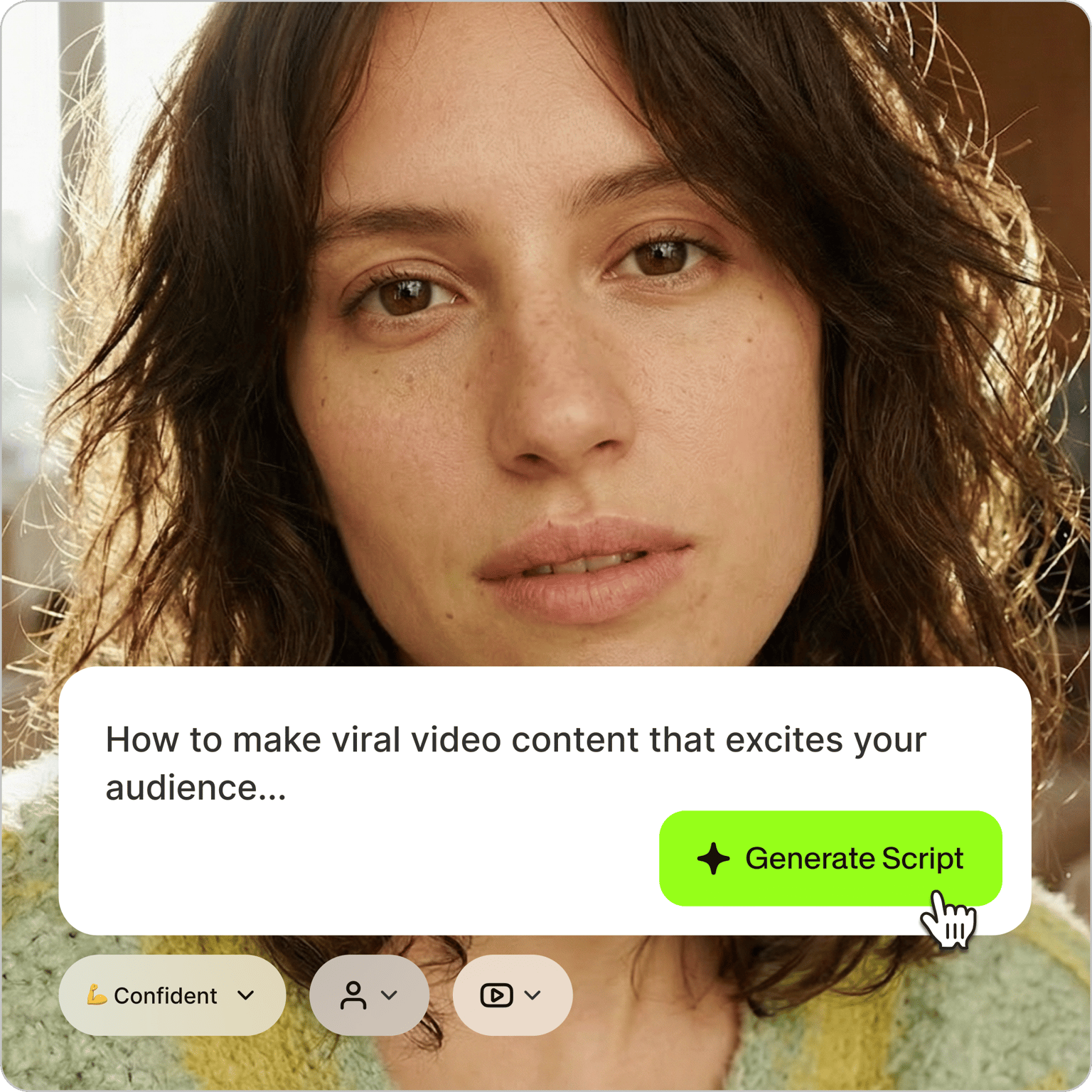 AI Video Script Generator prompt over close up face with generate script button and style options for creating viral video content