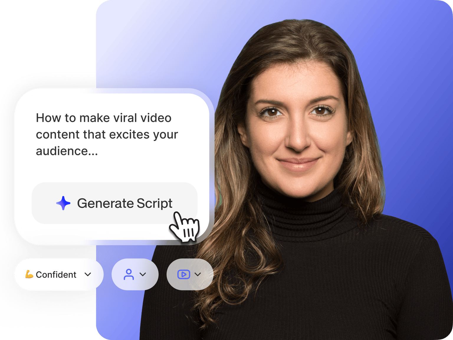 Professional woman with long brown hair in black turtleneck smiling at camera with script generation interface showing 'How to make viral video content that excites your audience' and Generate Script button