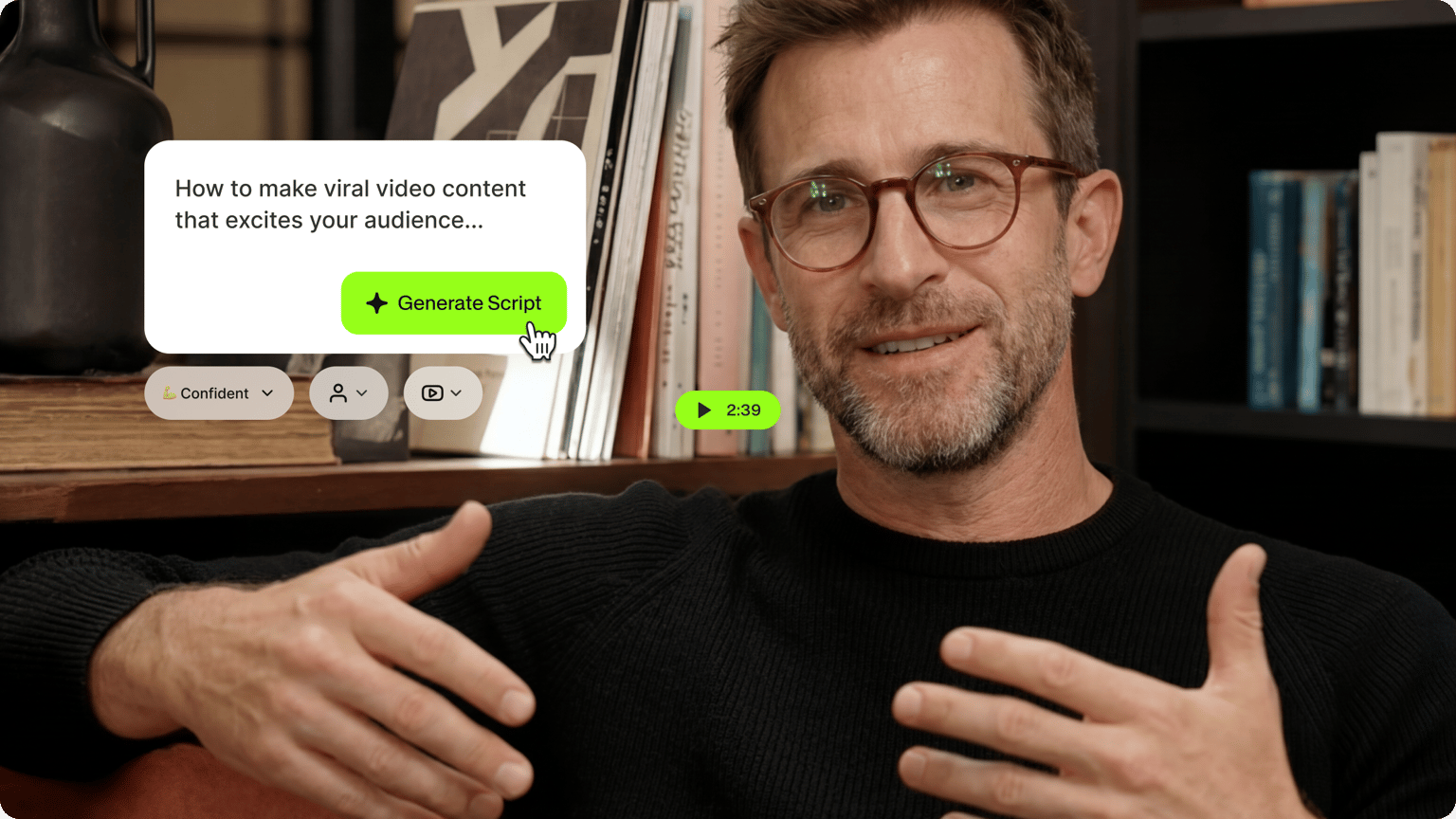 Man talking with text prompt overlay to generate viral video content script using VEED AI script generator.