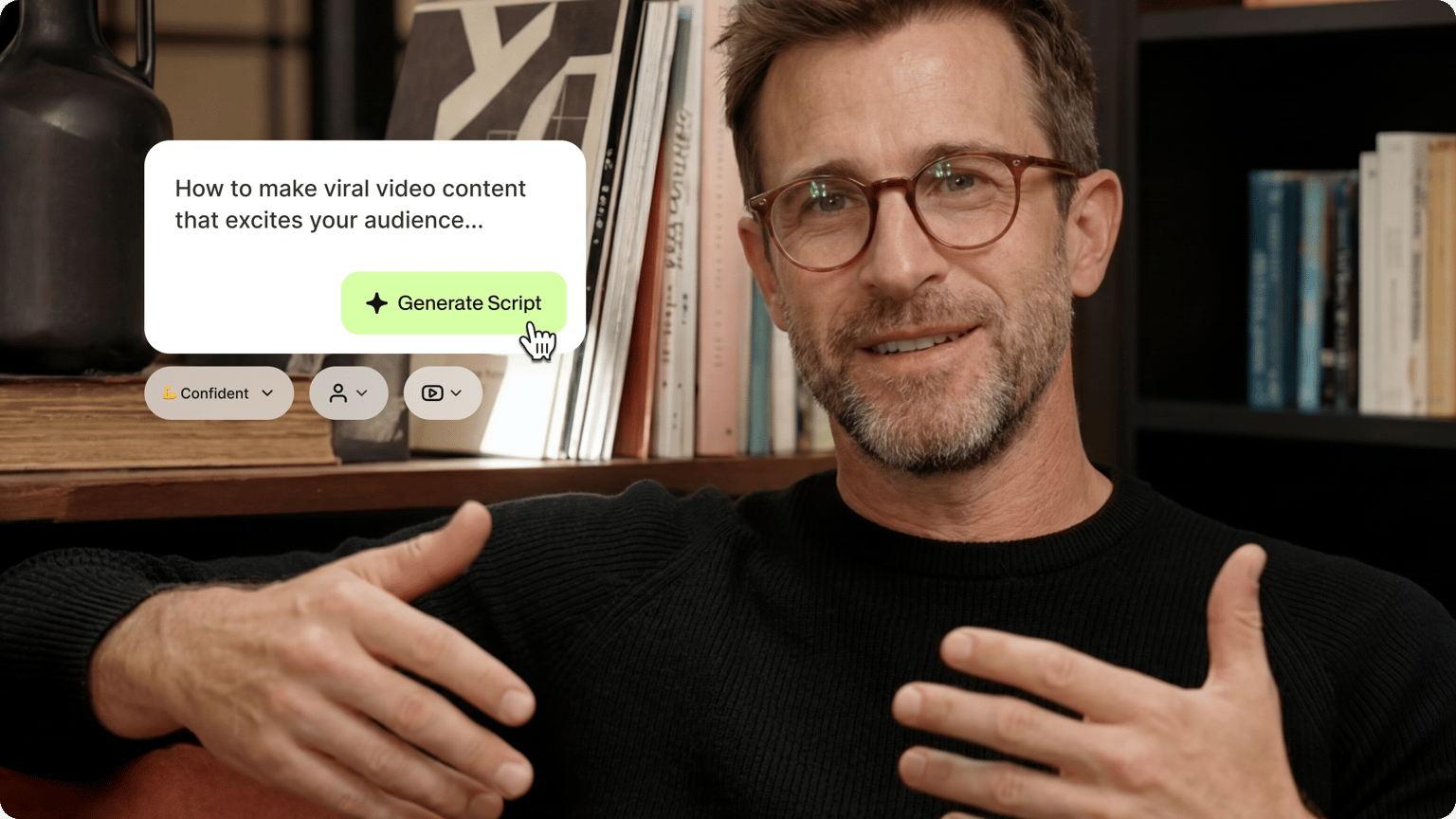 Man with glasses gesturing next to an online AI video script generator interface panel with a generate script button.