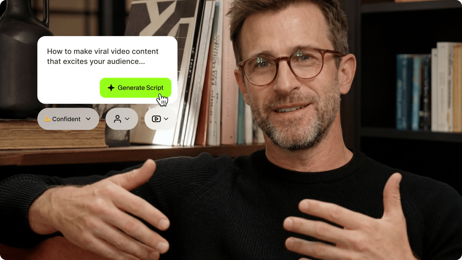 Man in glasses gesturing beside text box clicking generate script using AI video script generator