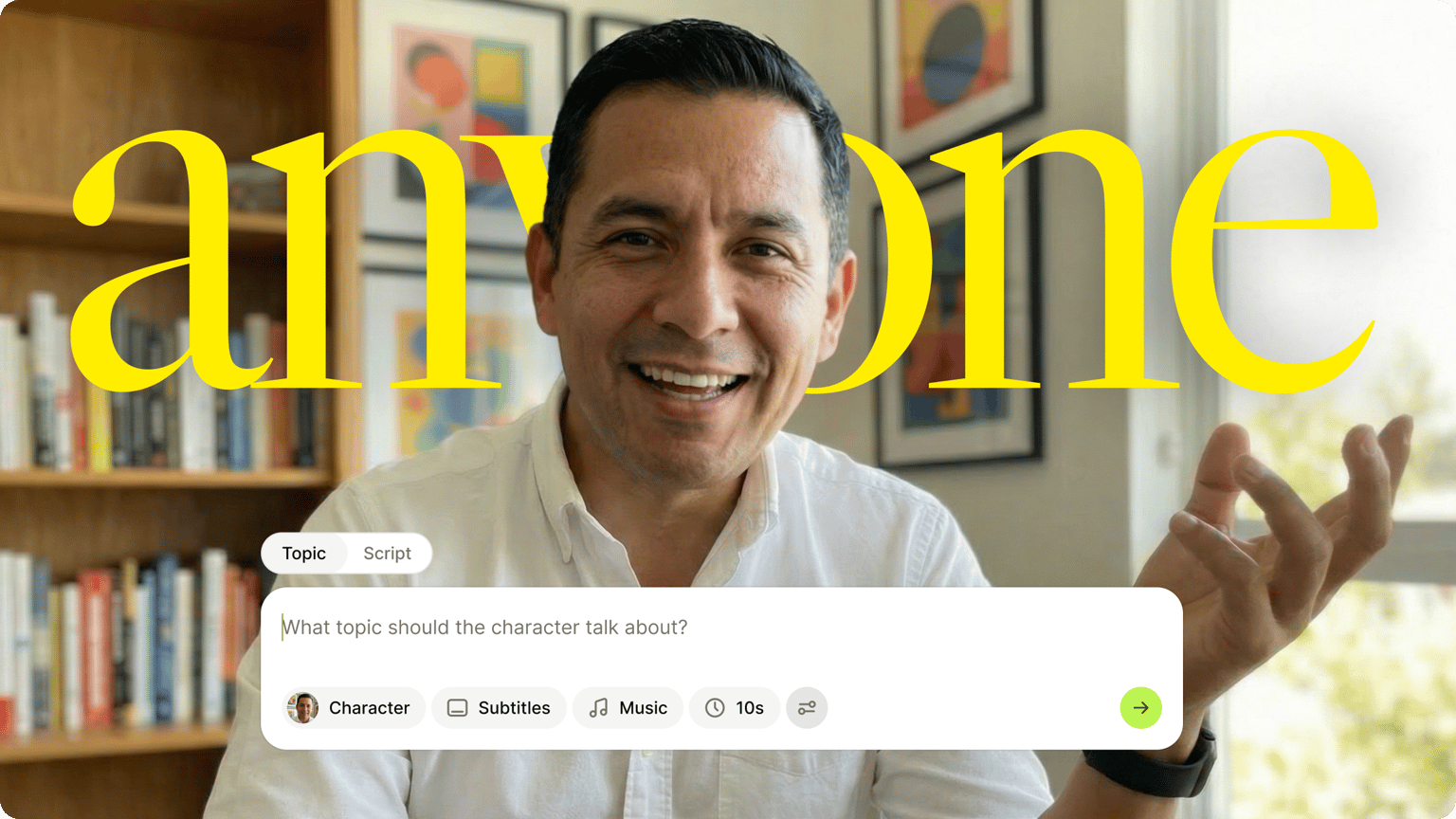 Man in a white shirt smiling against a office background with text reading anyone and a VEED character setup interface.