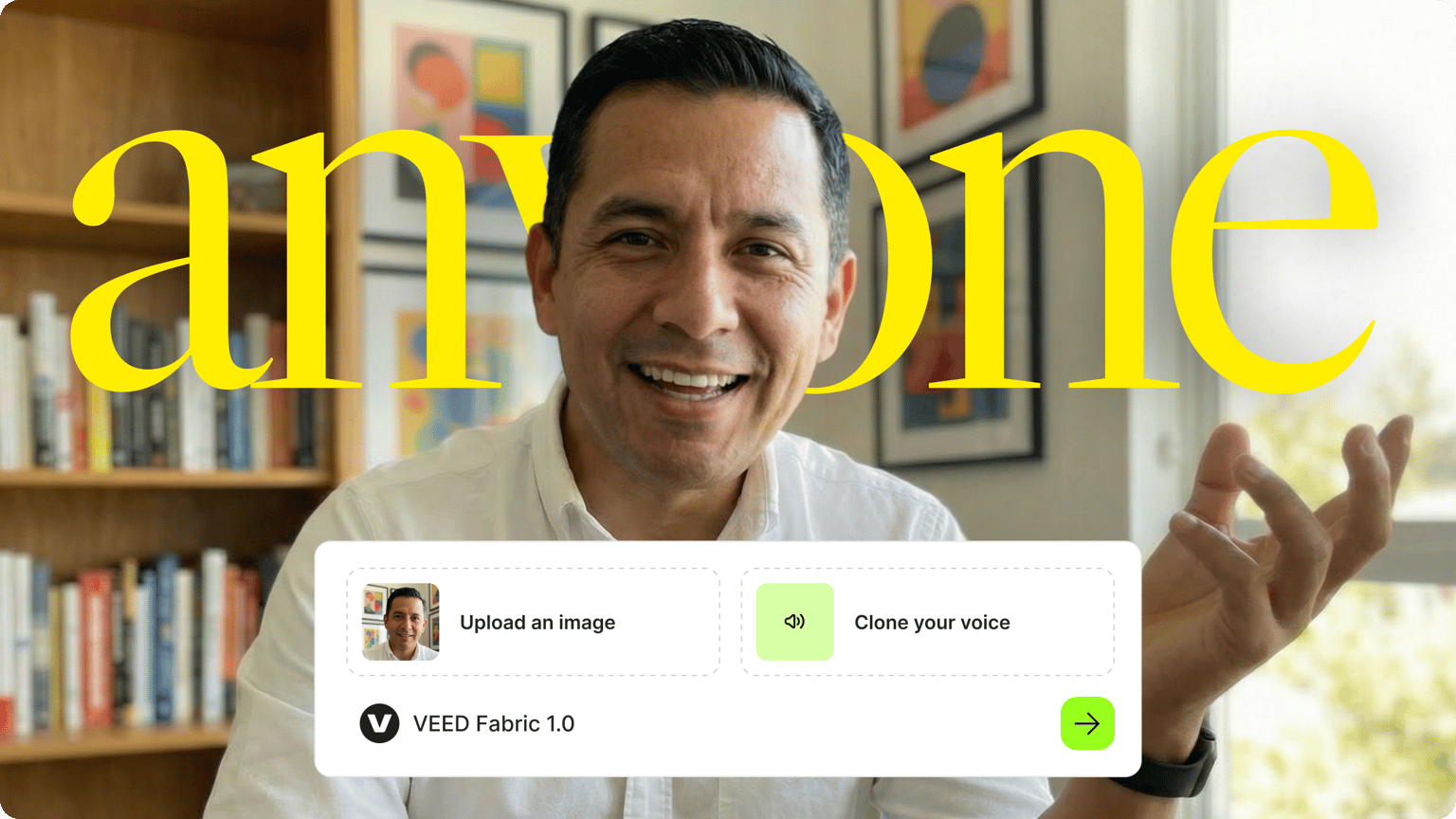 Man in a white shirt smiling against a office background with text reading anyone and a VEED character setup interface.