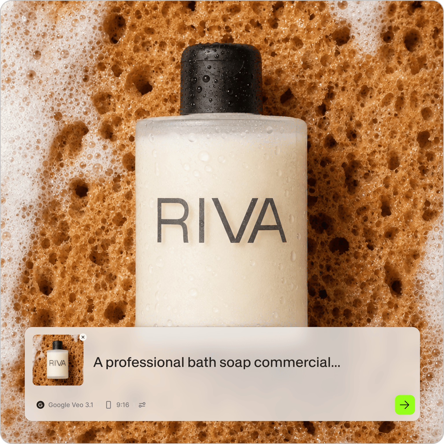 RIVA soap bottle on wet sponge, prompt bar reading a professional bath soap commercial