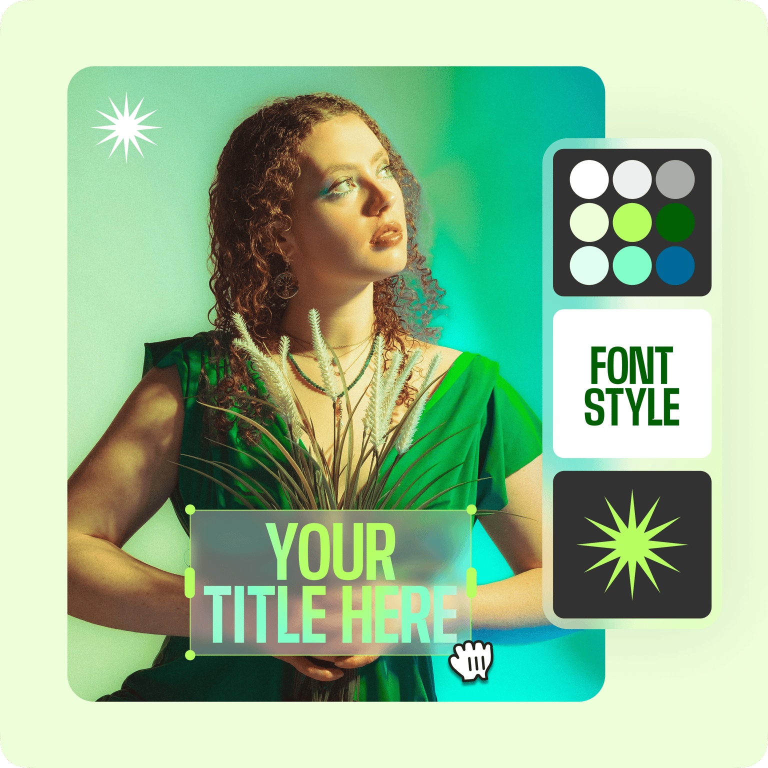 AI image generation interface showing a woman with curly hair in a green outfit against a mint green background, with text overlay options and 'YOUR TITLE HERE' placeholder