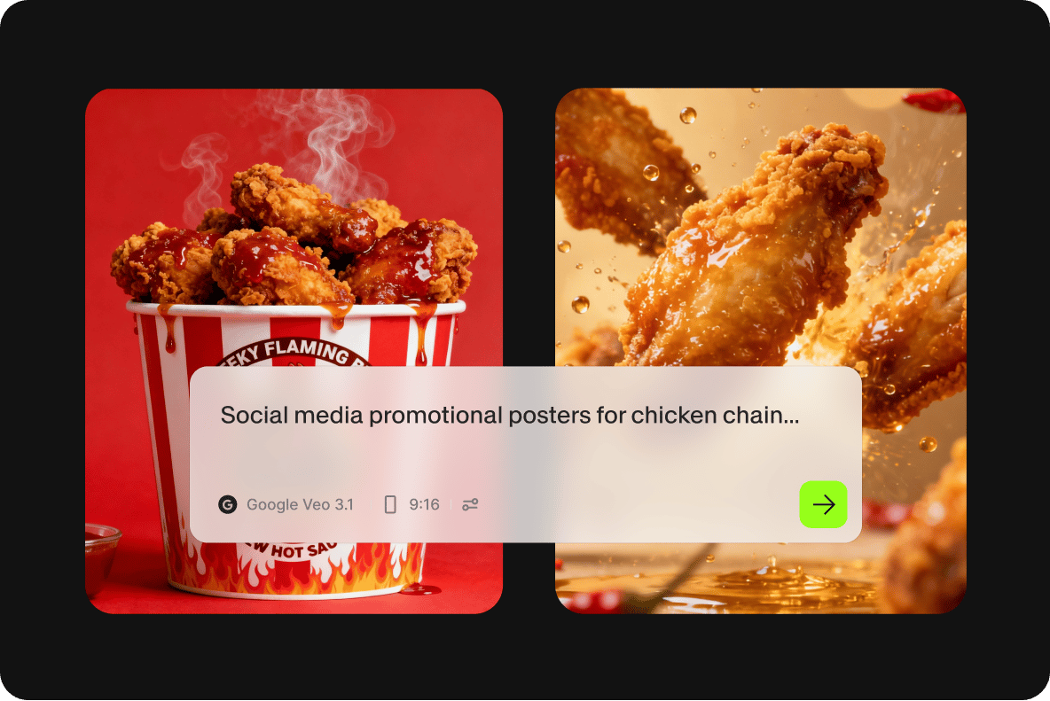 Two side by side fast food advertisements for fried chicken wings generated using an AI design tool prompt window.