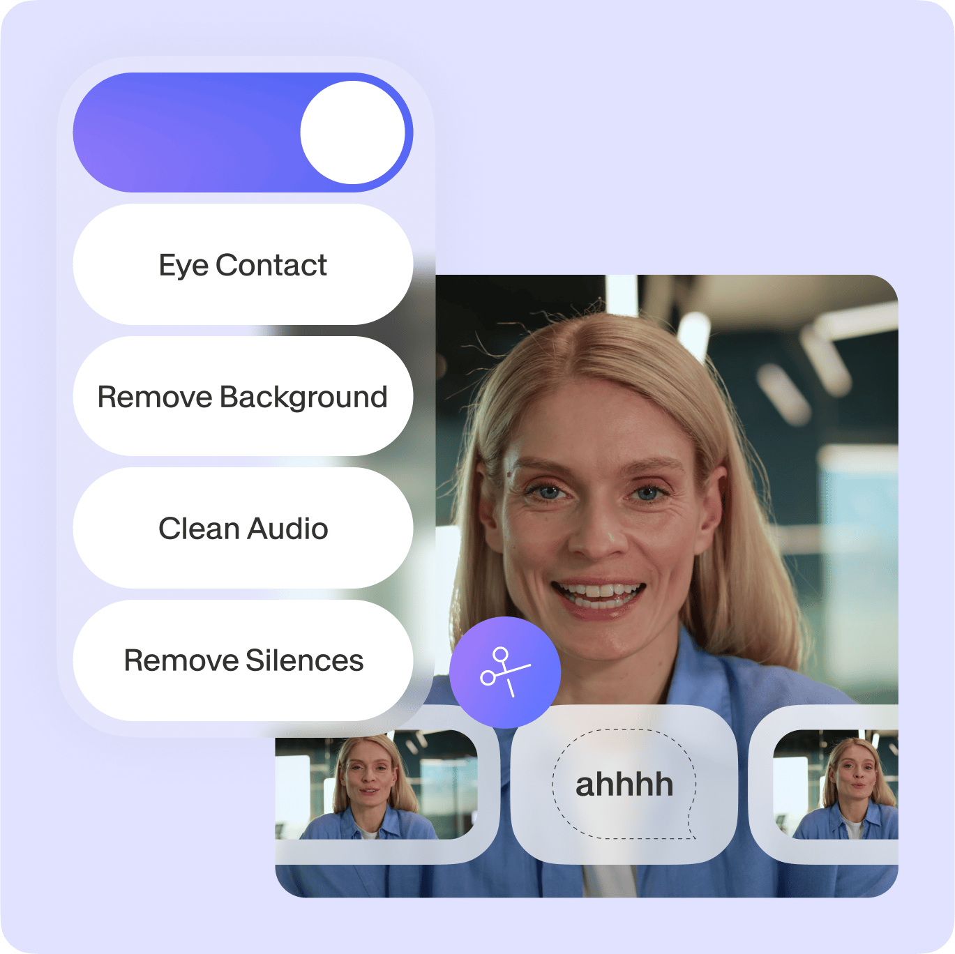 VEED's AI editing features: Eye Contact, Remove Background, Clean Audio, and Remove Silences on a video preview.