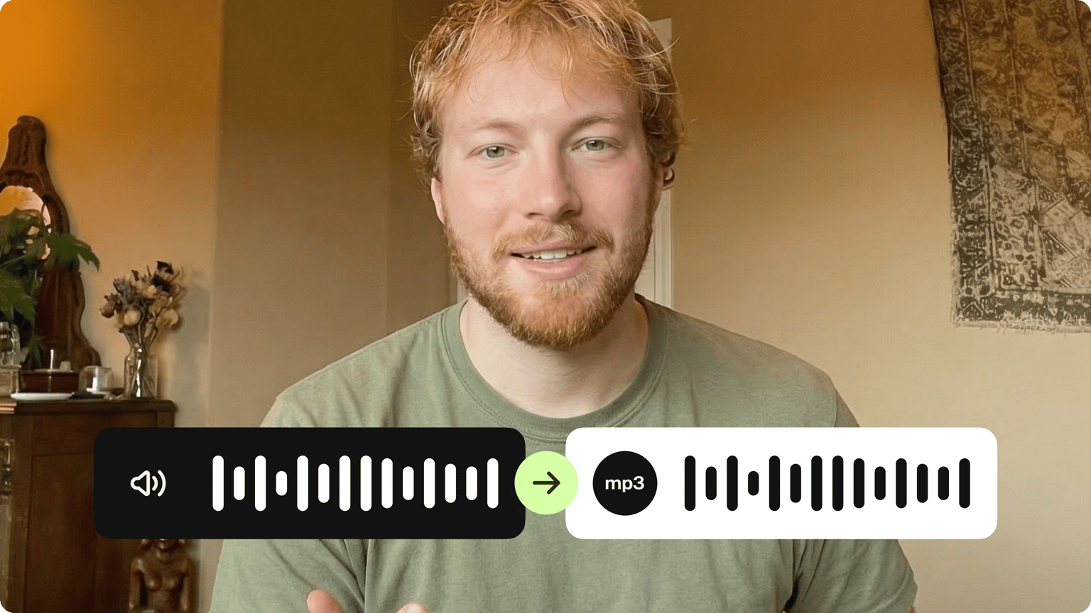 AVI to MP4 converter demo showing a blonde man with audio to MP3 conversion graphics overlaying the screen