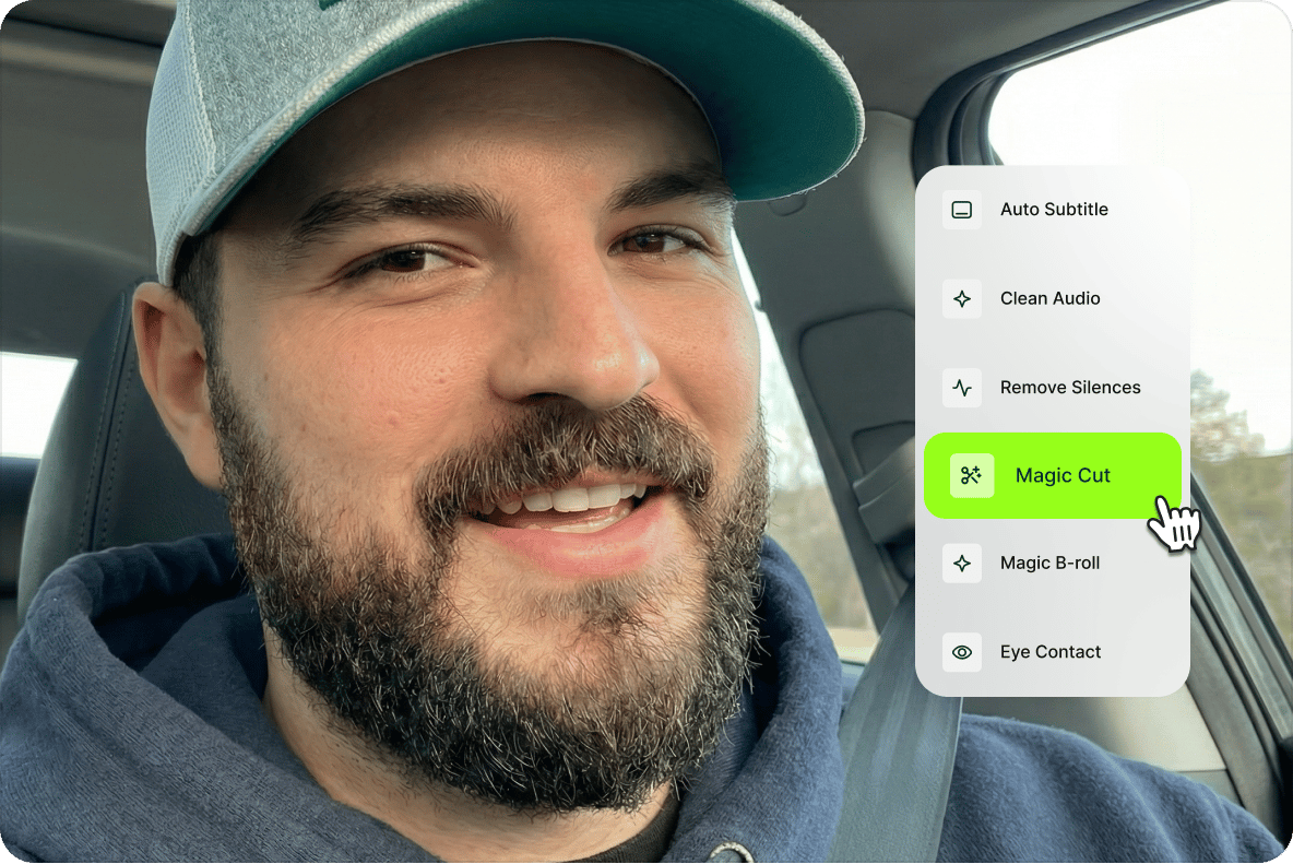 Video splitter tools menu with a cursor selecting Magic Cut over a car selfie vlog of a smiling bearded man