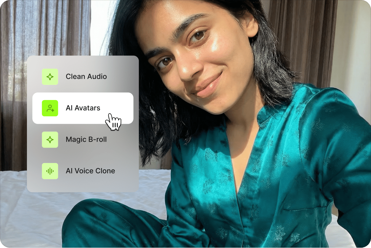 Woman in green pajamas with a video editing menu overlay highlighting an AI avatars option.