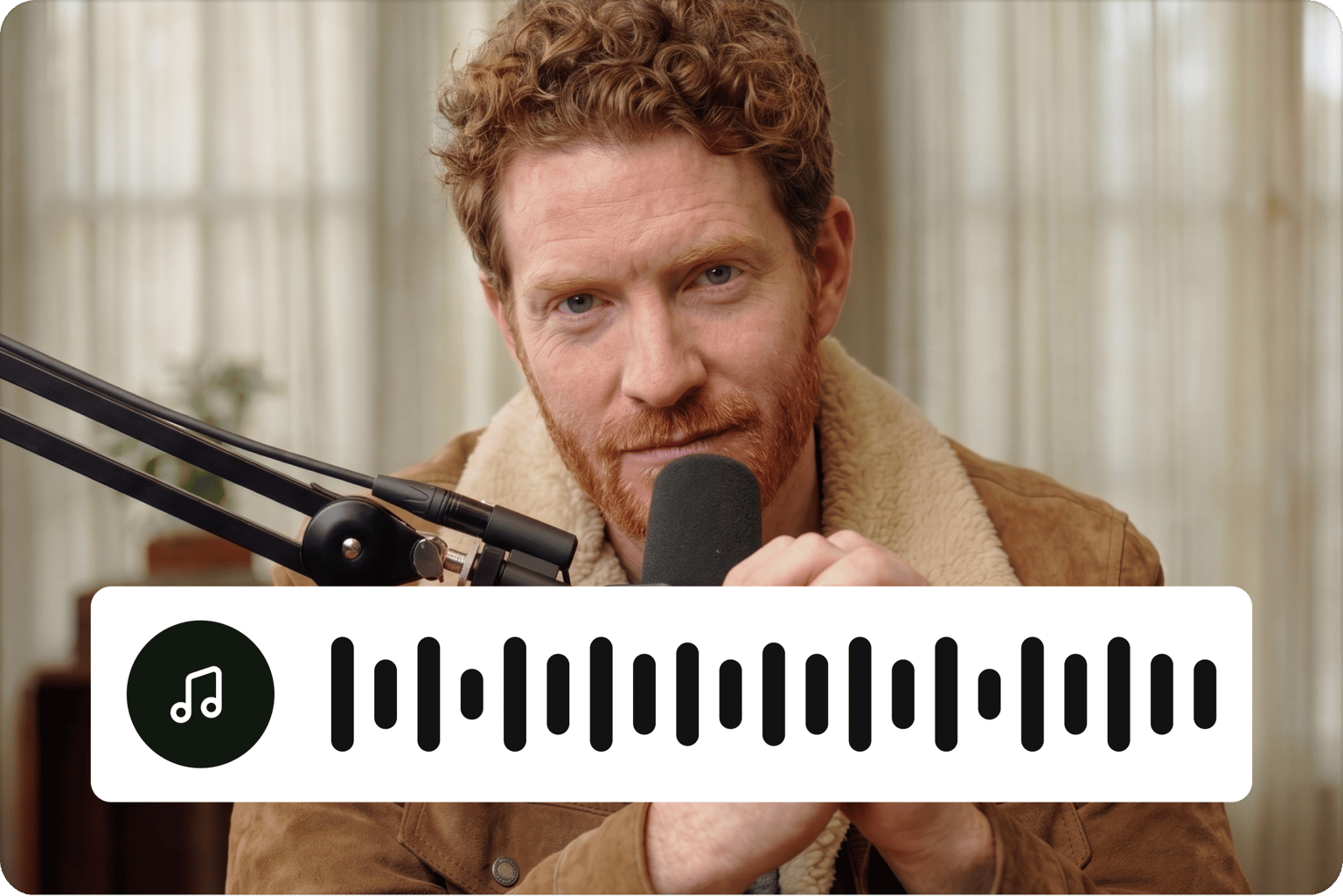 Man speaking into podcast microphone beside a music note waveform bar, representing generated soundtrack