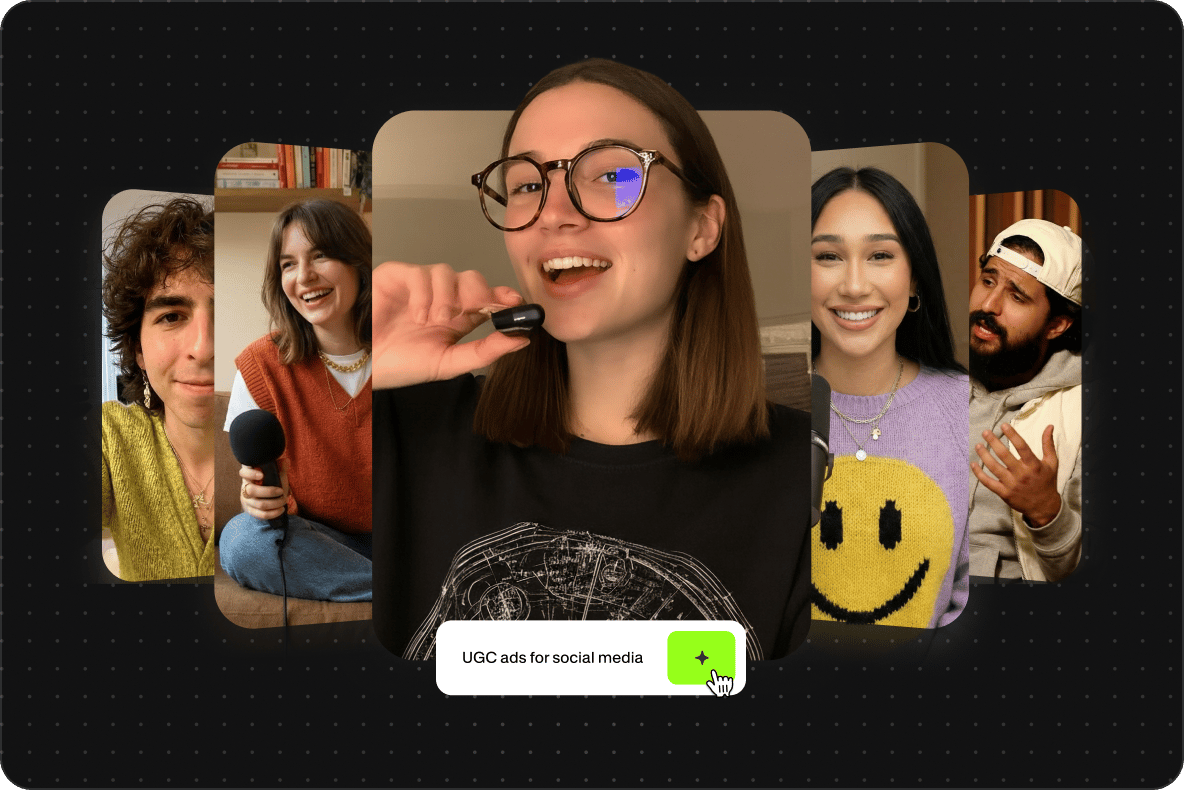 Multiple creator video frames showing UGC ads for social media overlay under VEED video MCP server interface.