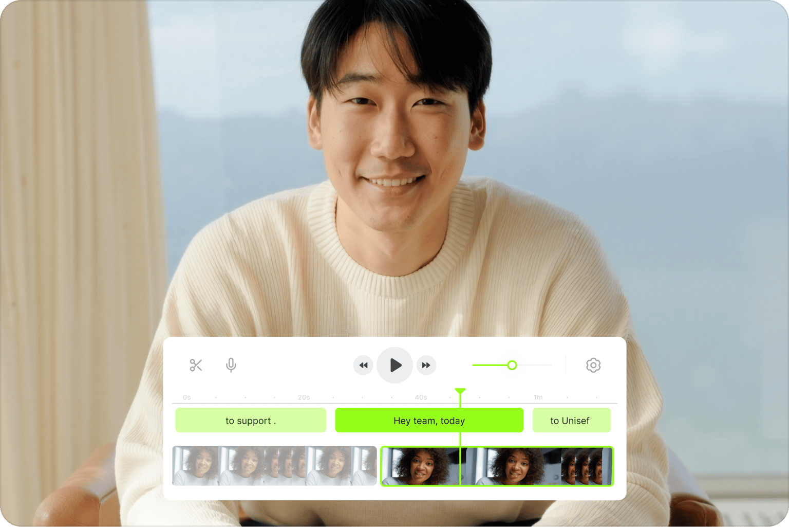 Smiling man with a video timeline overlay showing footage cuts and text captions in a video merger tool interface.