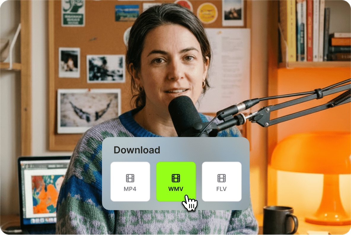 Woman with a podcast microphone using a download window choosing WMV file format on VEED interface.