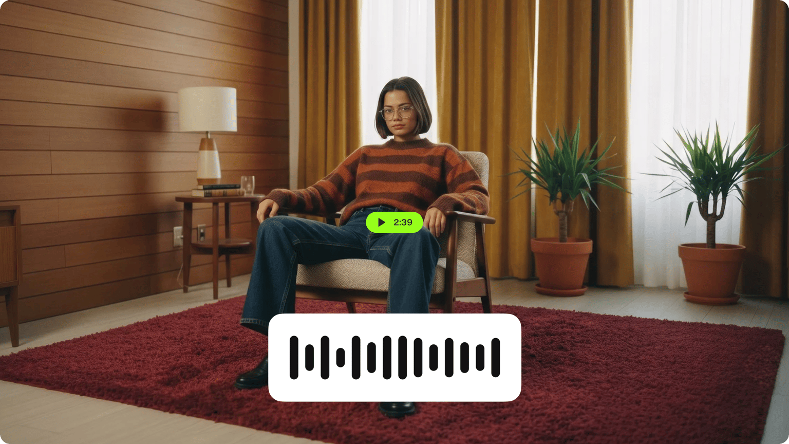 Add image to mp3 demo showing an audio waveform and green play button over a woman sitting in an armchair