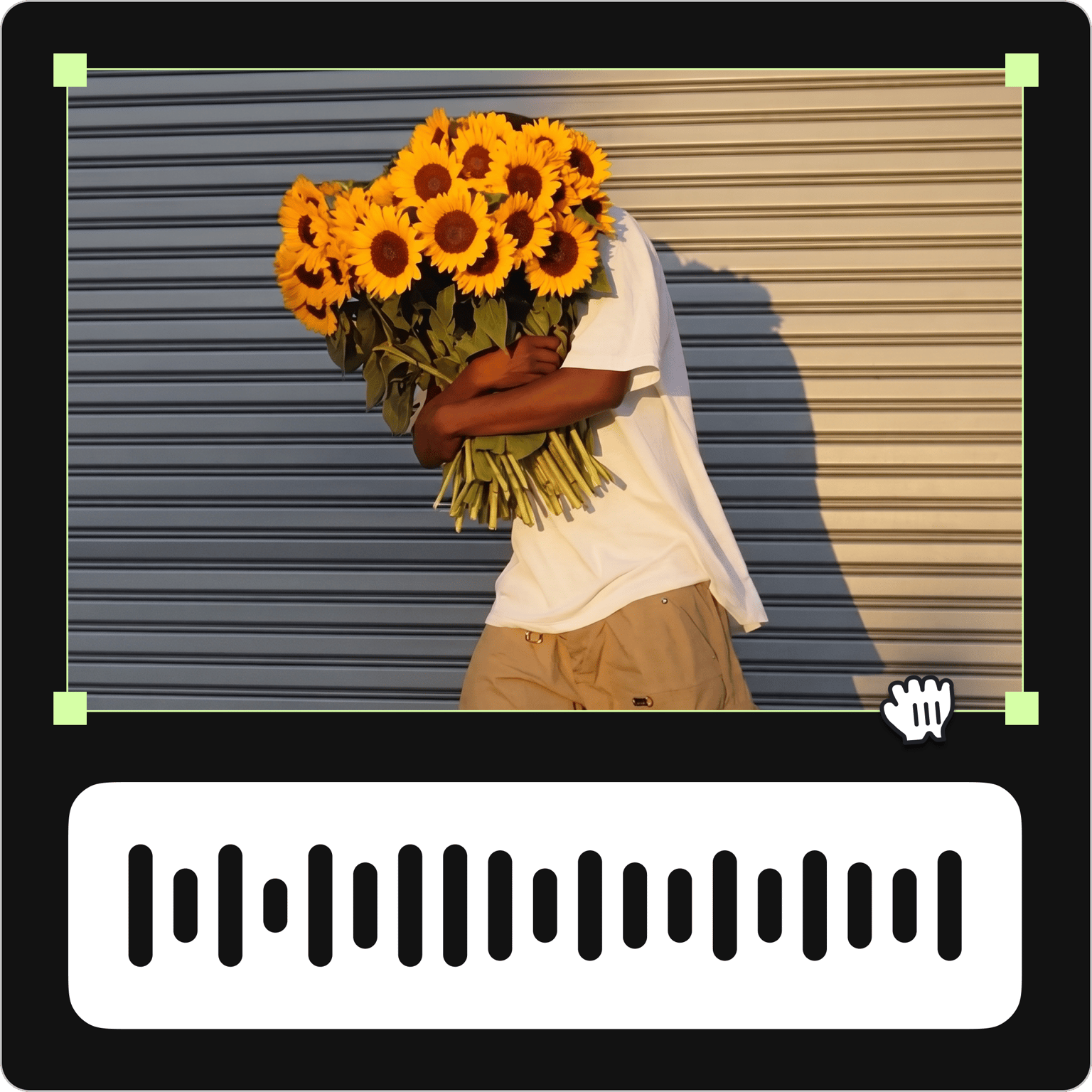 Add image to mp3 tool showing a cursor resizing a photo of a person holding sunflowers above an audio waveform