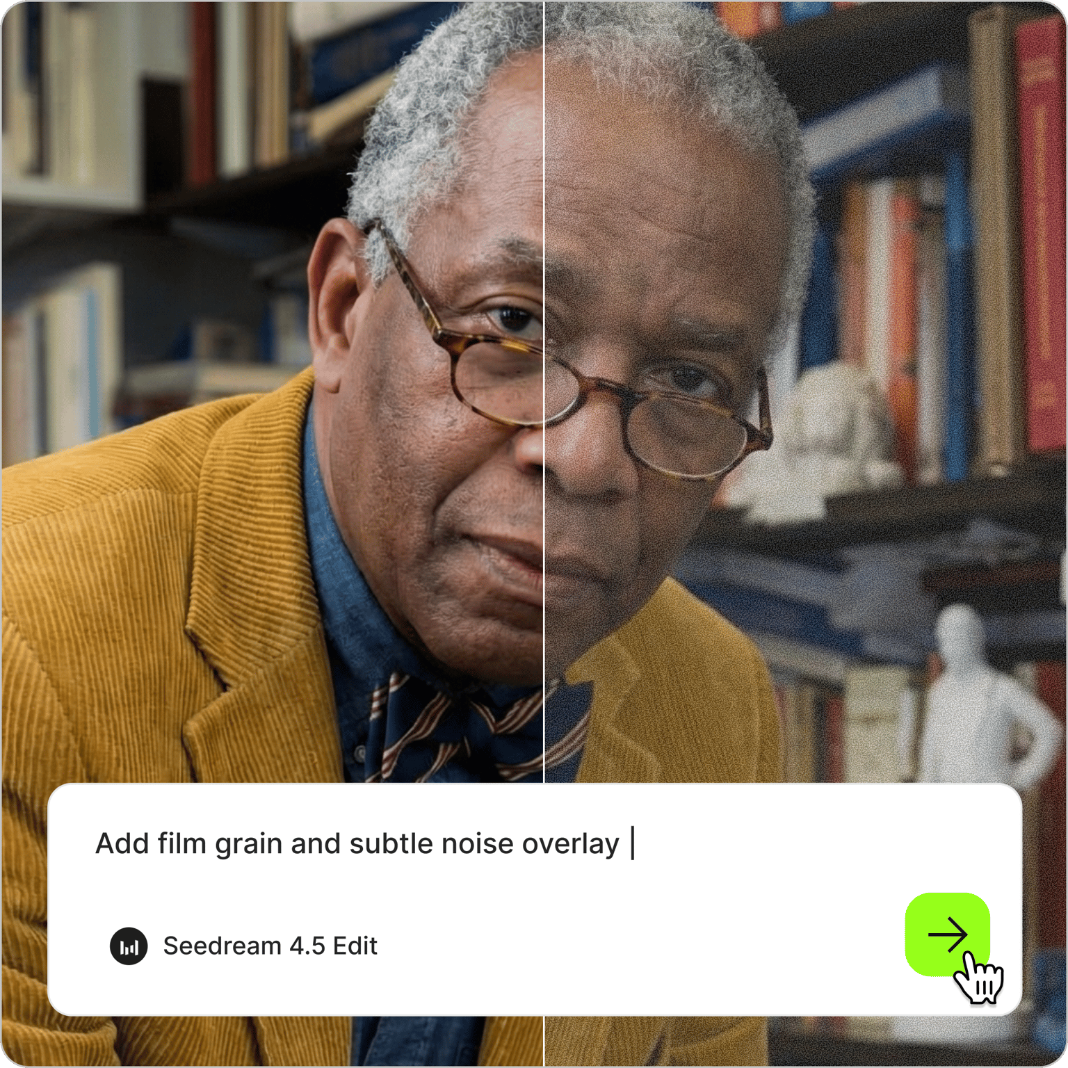 Add noise to image showing film grain prompt on a before and after split portrait of an older man with glasses
