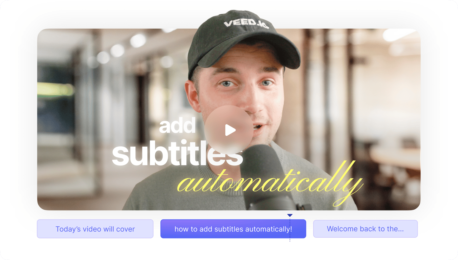 Video tutorial thumbnail showing how to add subtitles automatically with VEED's AI caption generator