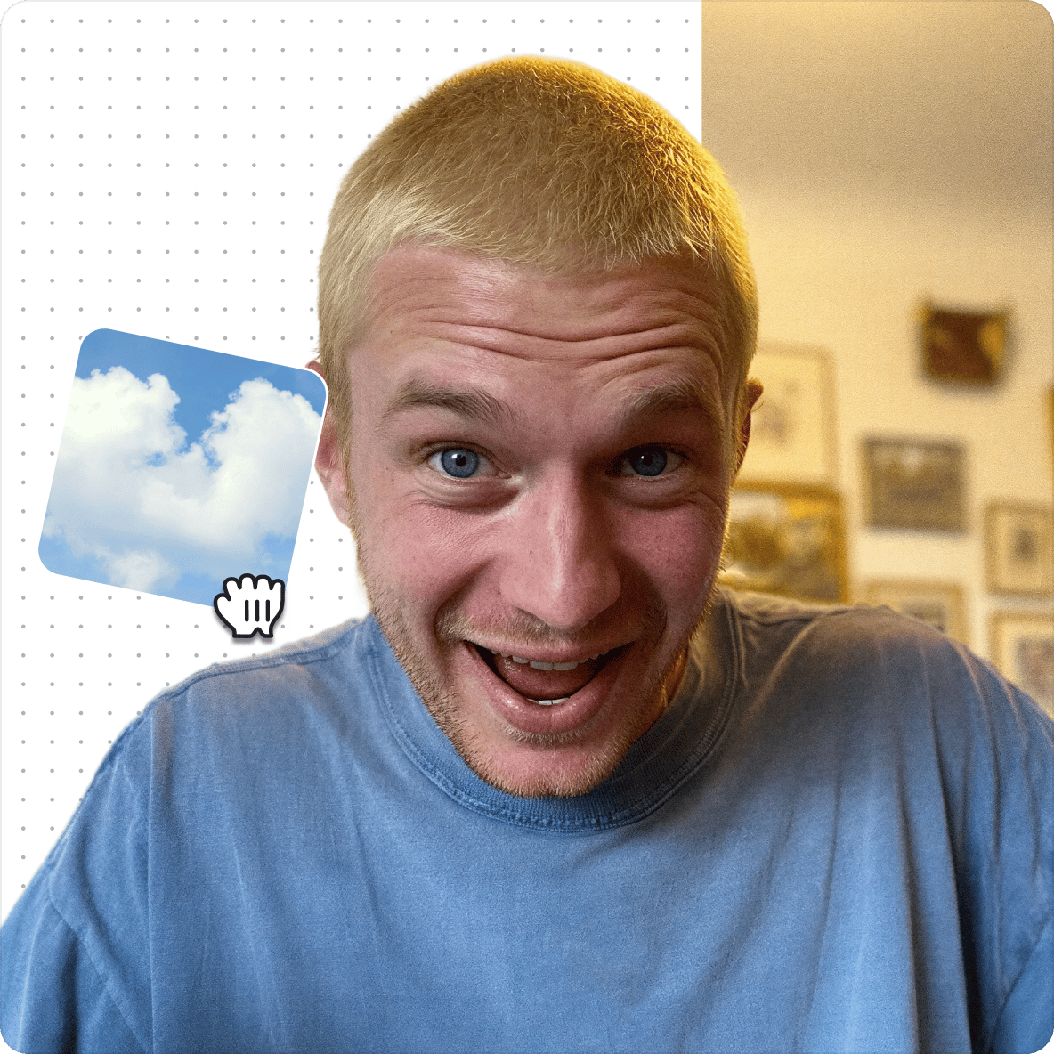 Enthusiastic blonde man with a blue sky and clouds icon demonstrating how to add background to video editor.