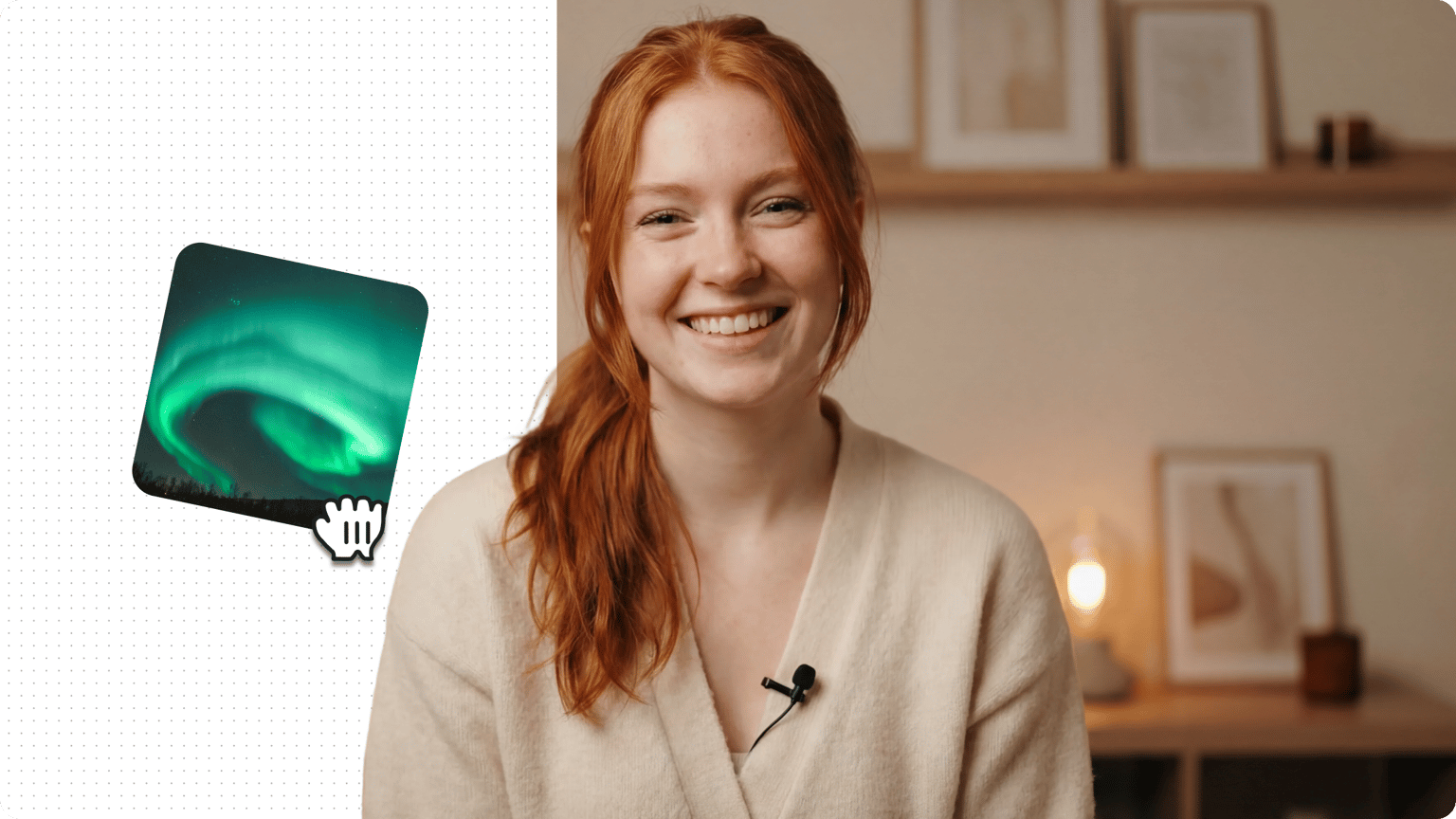 Smiling redhead woman wearing a lapel mic with a northern lights graphic icon to add background to video.