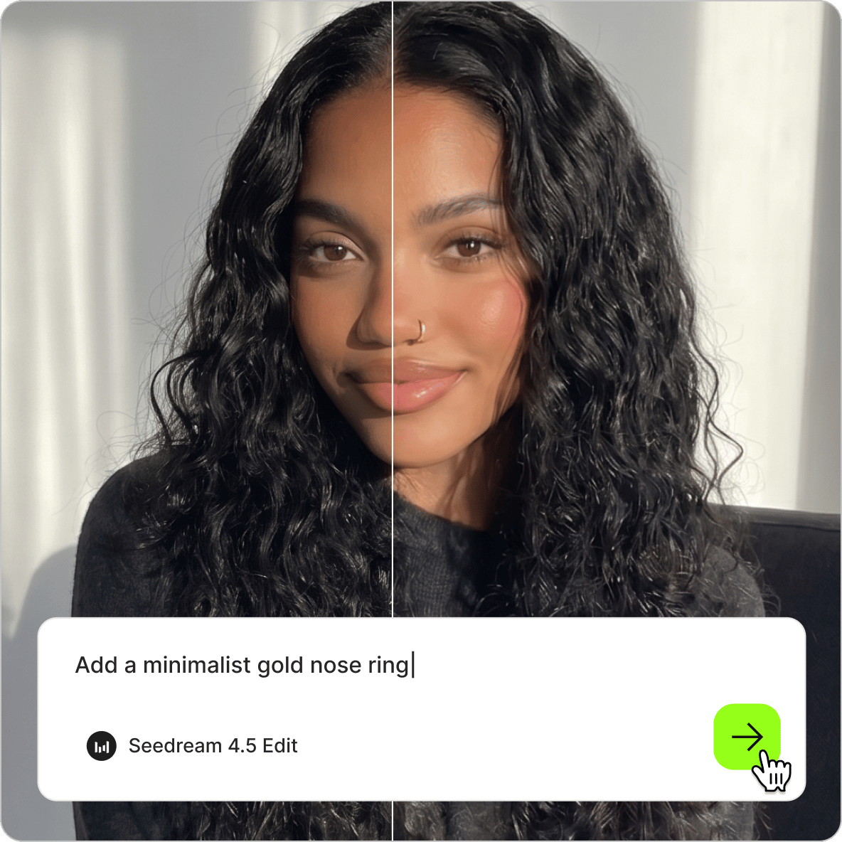 Before and after portrait shows a minimalist gold nose ring added to a woman with curly hair using an AI image editor.