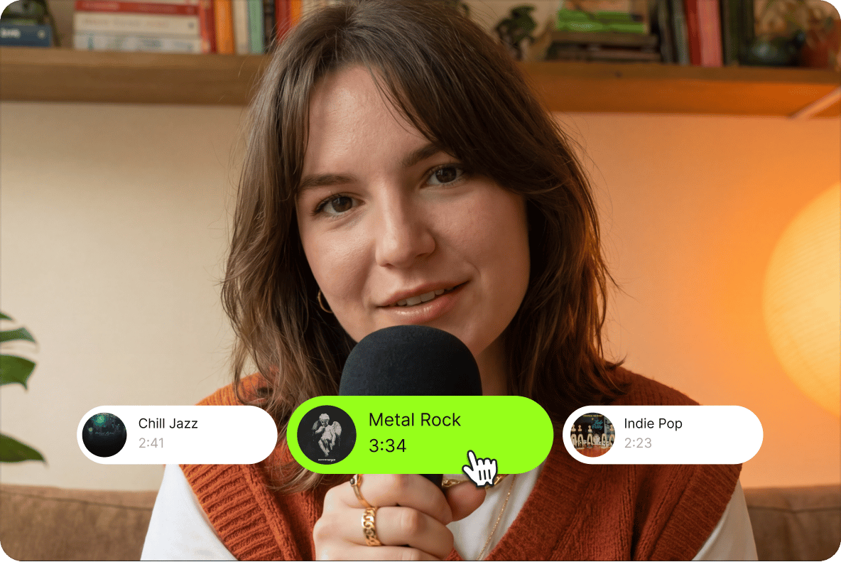 Video splitter background music options overlaying a woman speaking into a microphone for a vlog podcast edit
