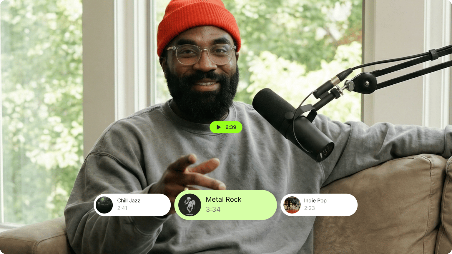 Man at a podcast microphone with an audio interface overlay showing options to add music to a video clip.
