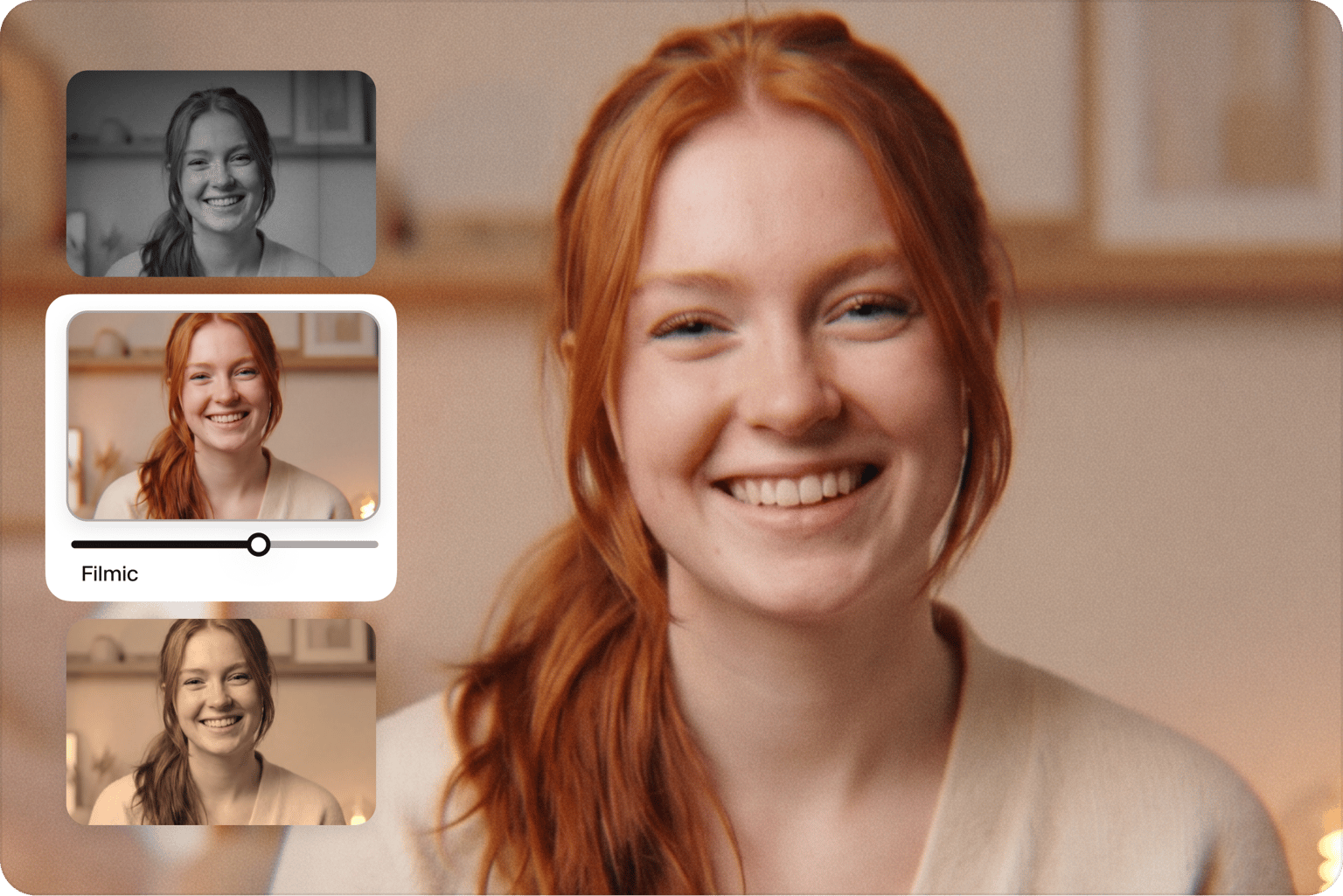 Add video effects with a woman shown in multiple color styles, including black and white, warm tones, and a film effect.