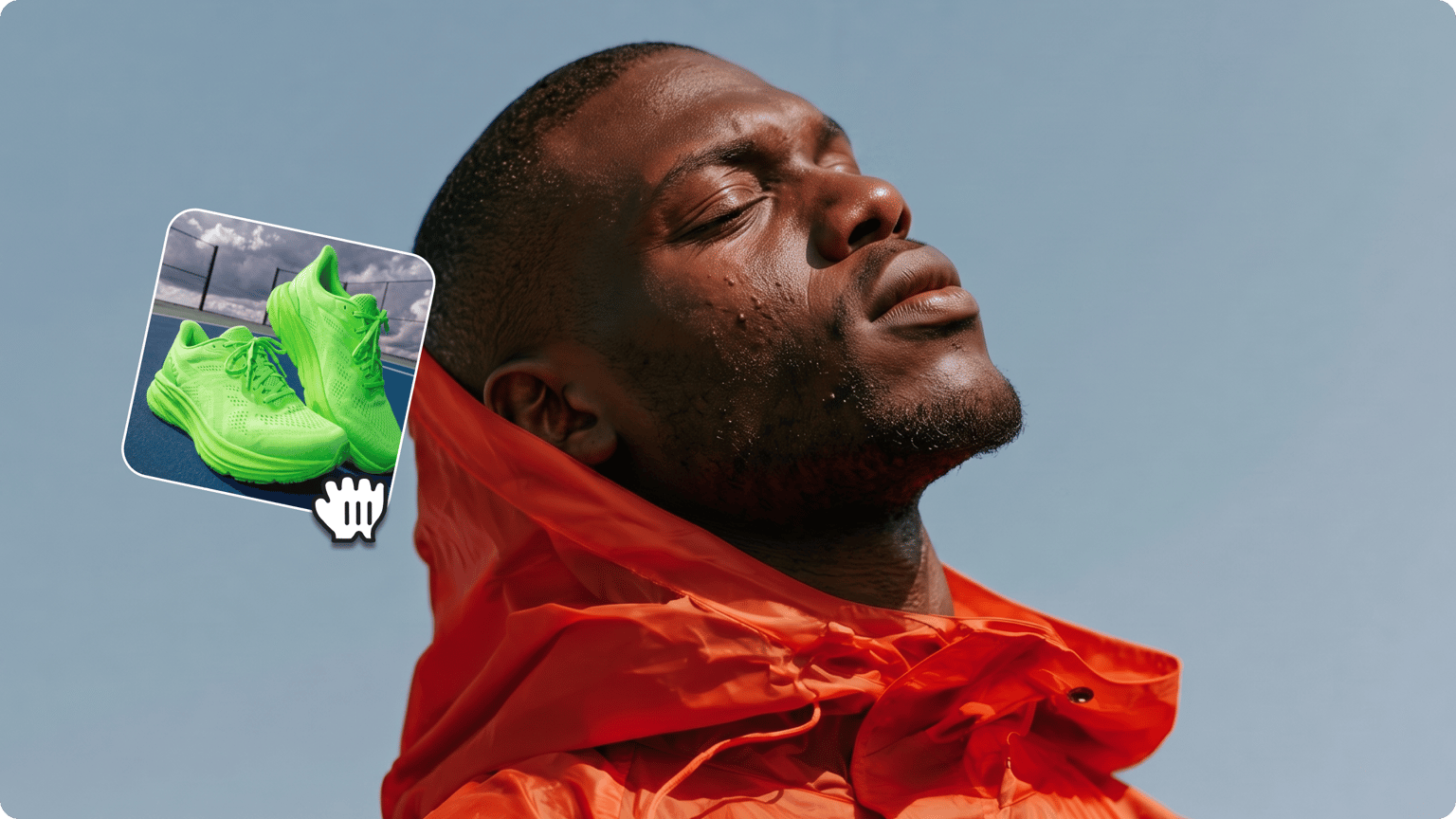 Man in an orange jacket feeling the sun with a photo to video editor overlay showcasing neon green sneakers.