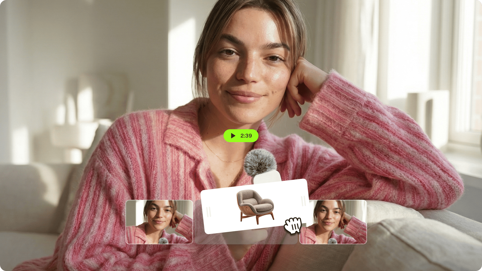 Woman in a pink sweater editing a video by adding a picture of a modern armchair using a video maker interface.