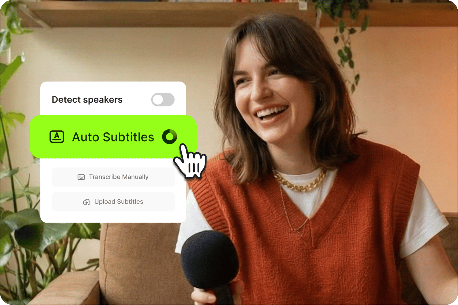 Teleprompter showing cursor clicking auto subtitles over a video of a smiling woman holding a microphone