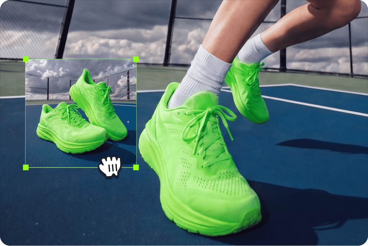 Person running on a blue court wearing bright green sneakers with a picture-in-picture overlay showing a product view.