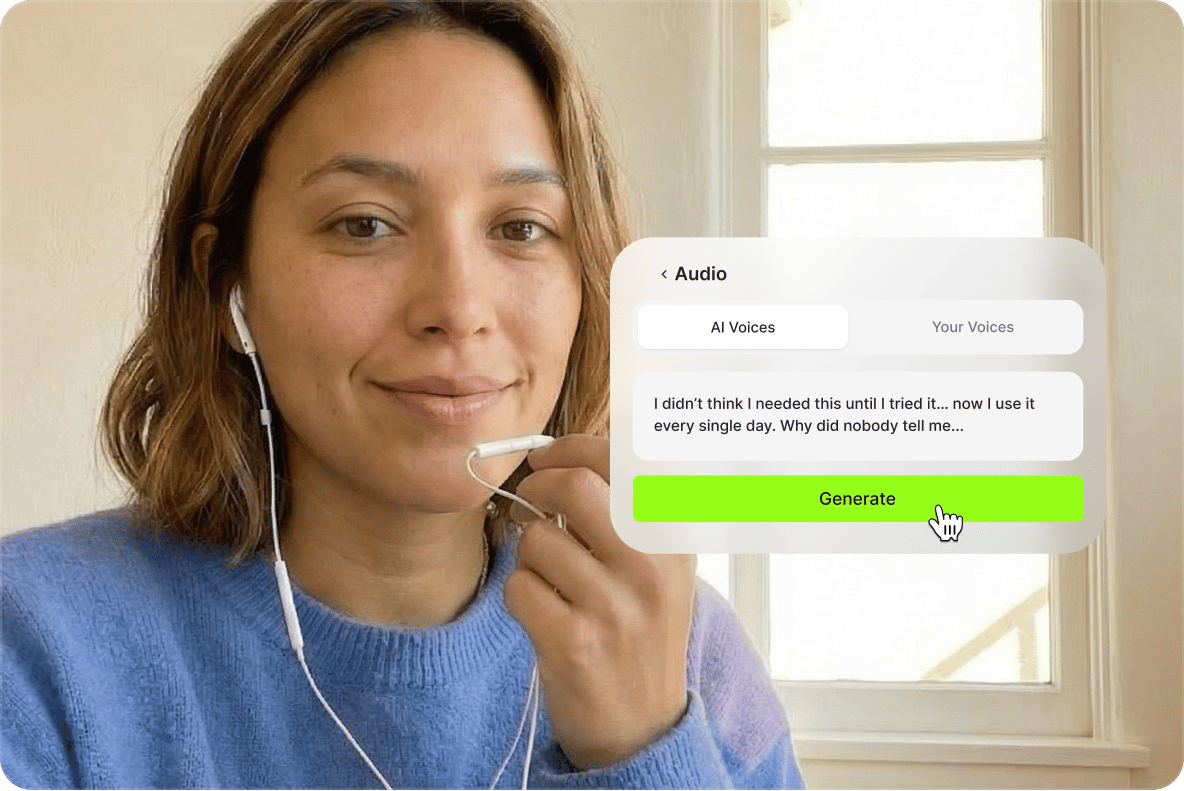 Woman with earphones using VEED audio tool to generate voiceovers and download videos in mp4 format.