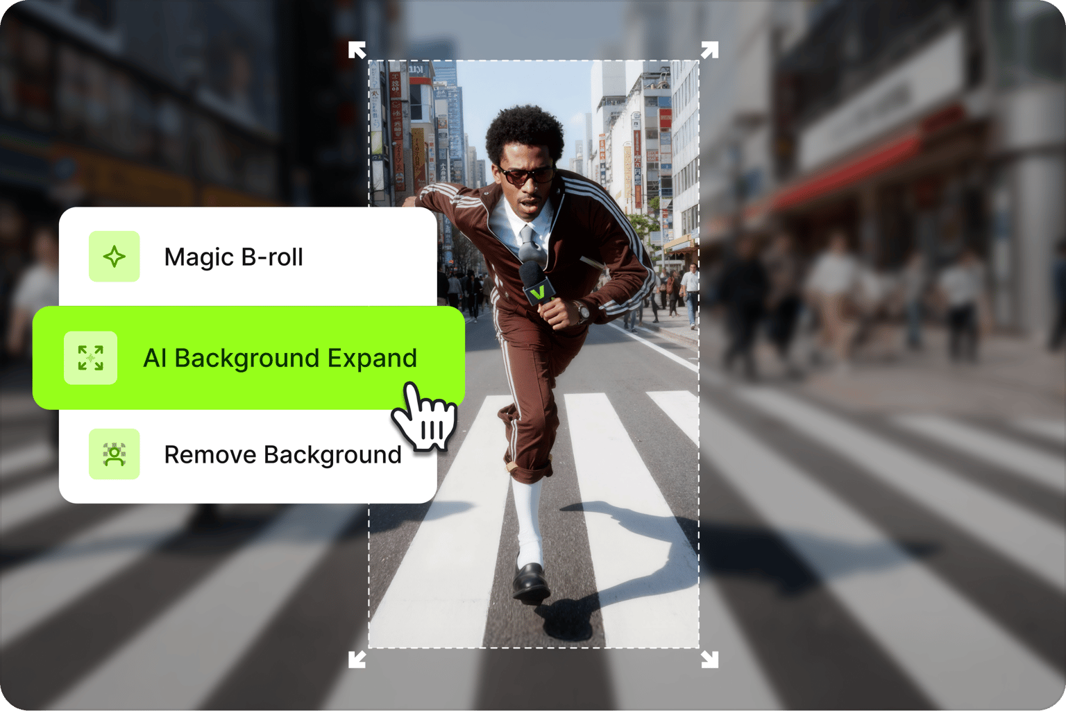 Video Background Remover interface with man running on street and crop frame with AI background expand and remove background options