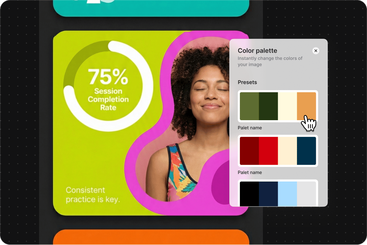 Color palette selection overlay changing the style of a session completion rate infographic with a woman smiling.