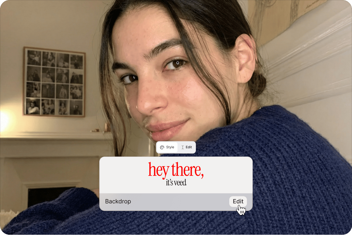 Woman in a blue knit sweater with an overlaid video editor text block displaying custom branding options.