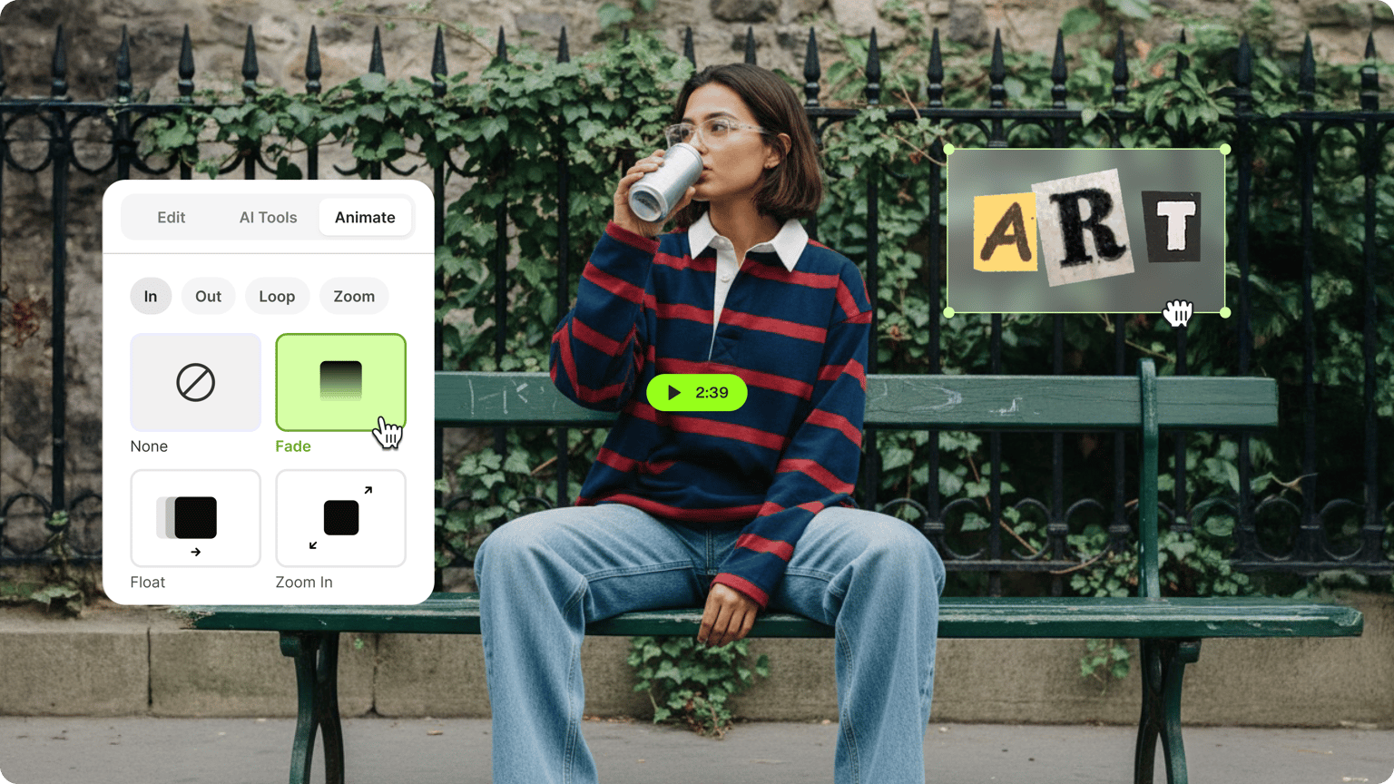 Woman drinking on a bench with an art sticker graphic in an animation editing interface.