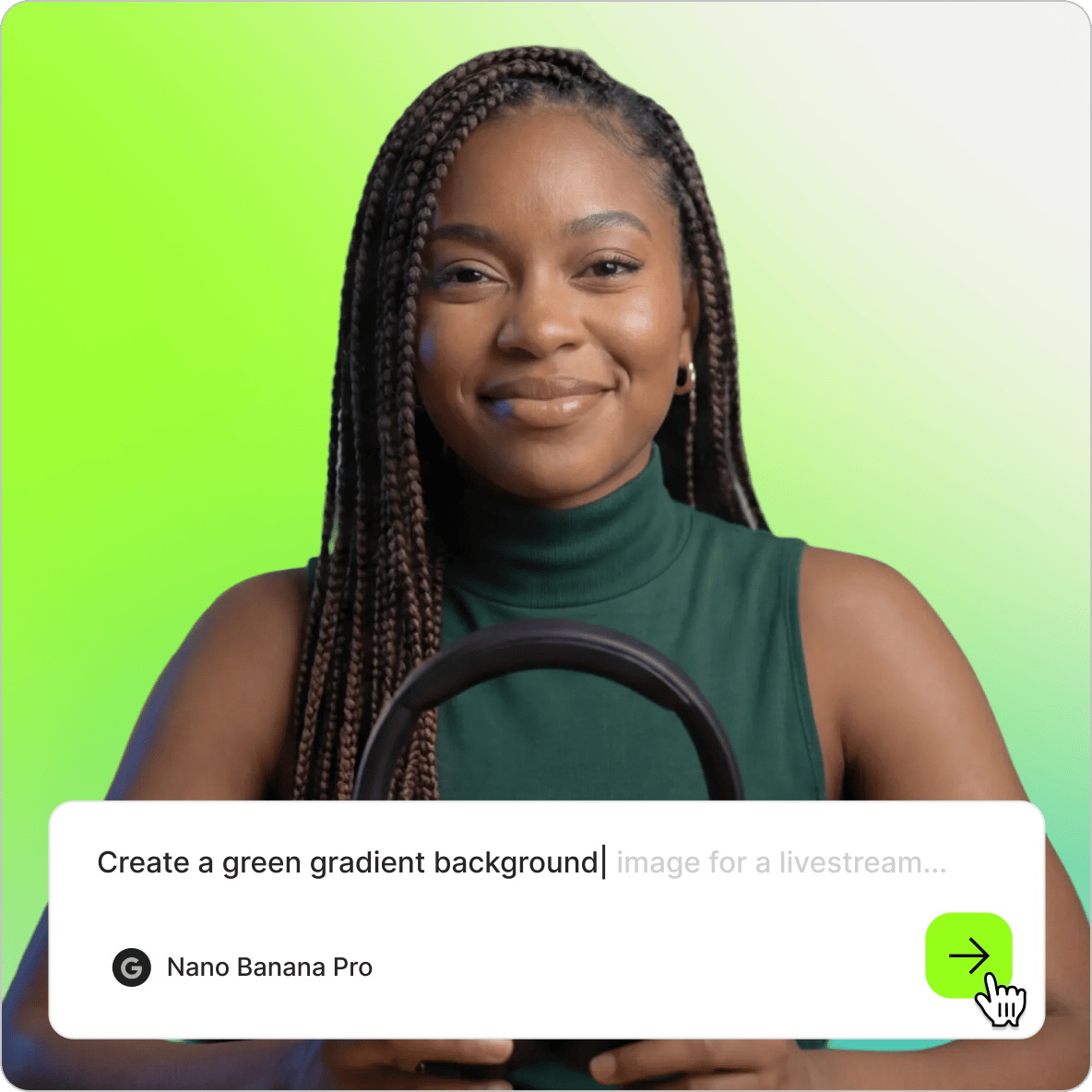 Smiling woman with braids in front of a green gradient background with an animated wallpaper maker text prompt overlay.