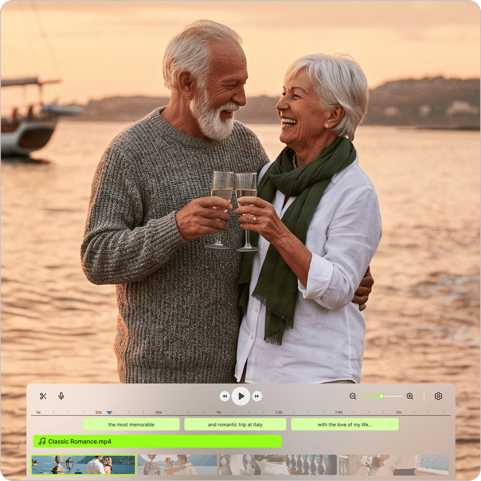 Anniversary video maker workspace showing an editing timeline under a video of an older couple toasting by the water