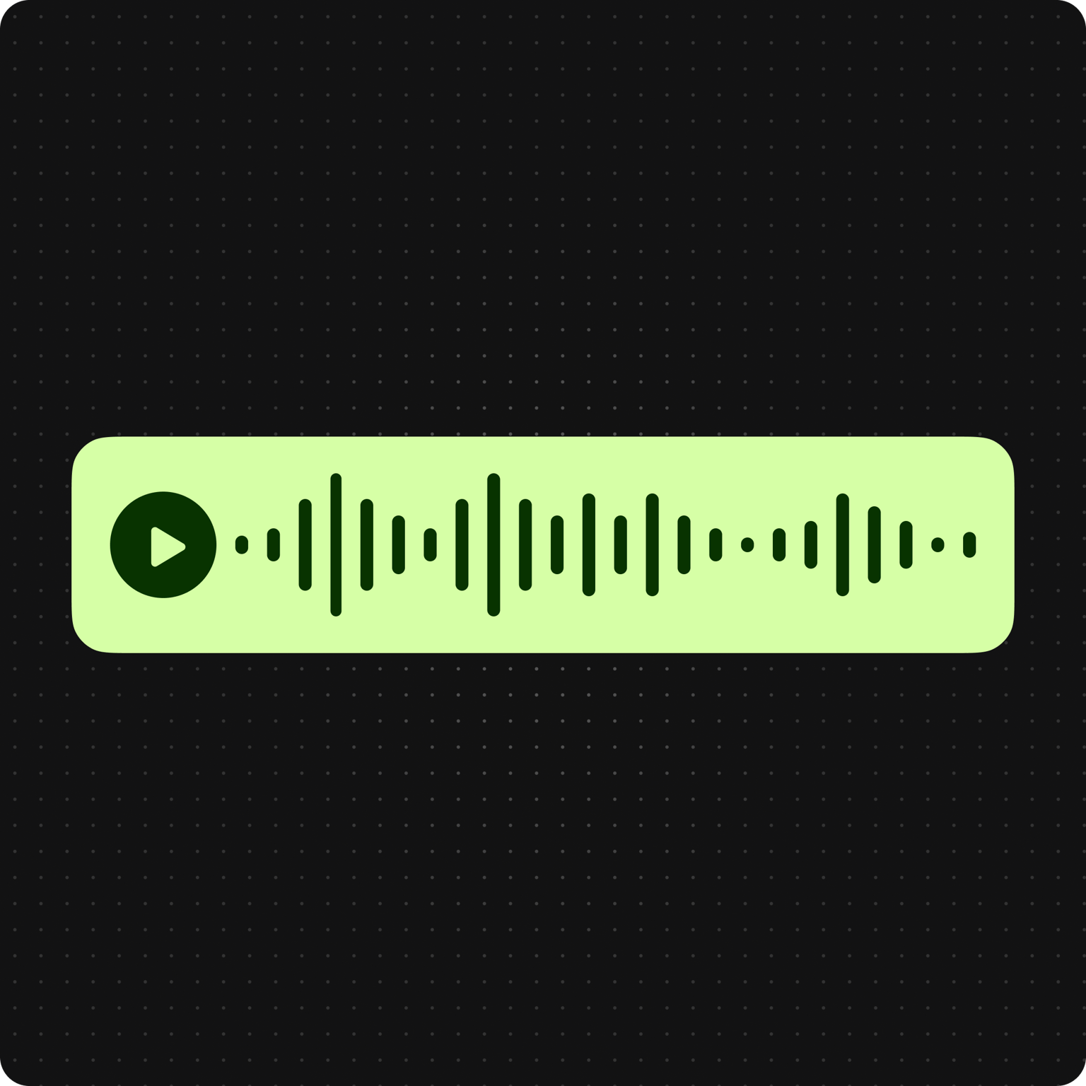 Audio player interface showing a green waveform bar with a play button on a dark background
