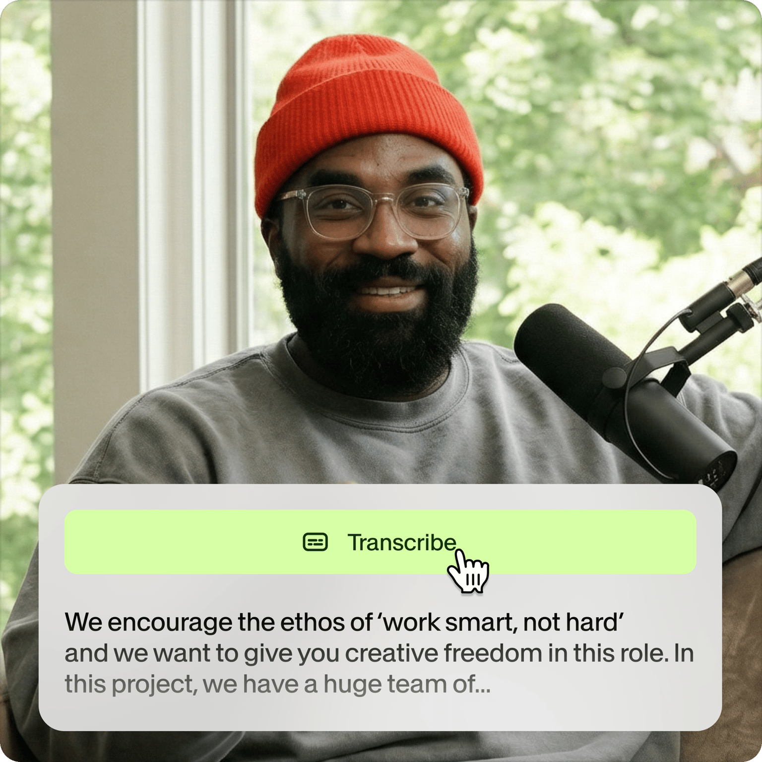 Man speaking into a microphone with a Transcribe button and transcript text overlay for audio and video transcription