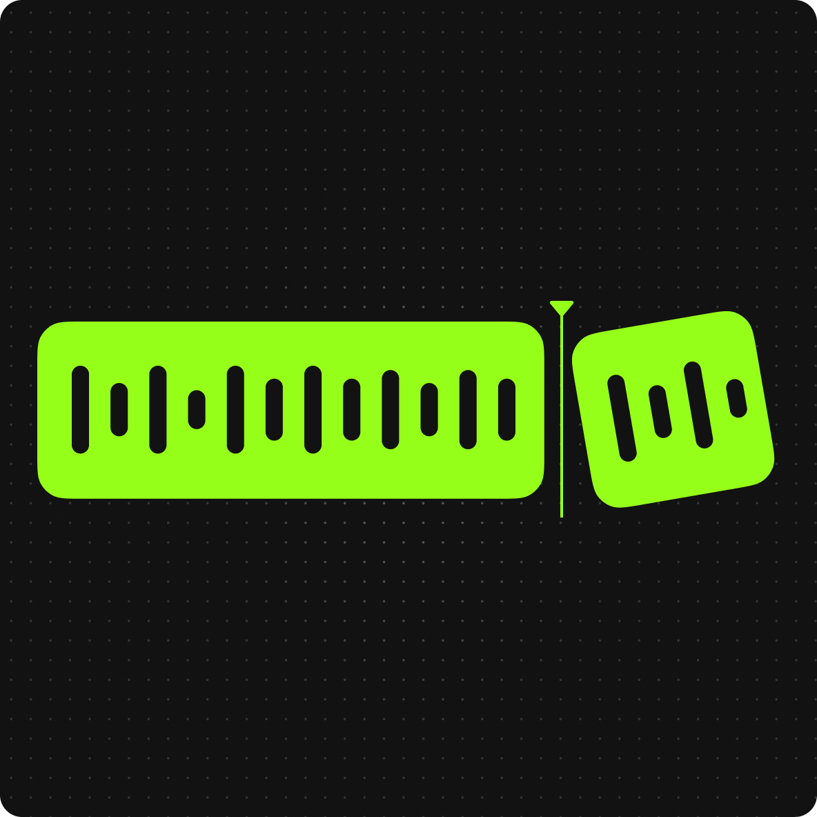 Audio cutter graphic showing a green audio waveform block being sliced into two pieces
