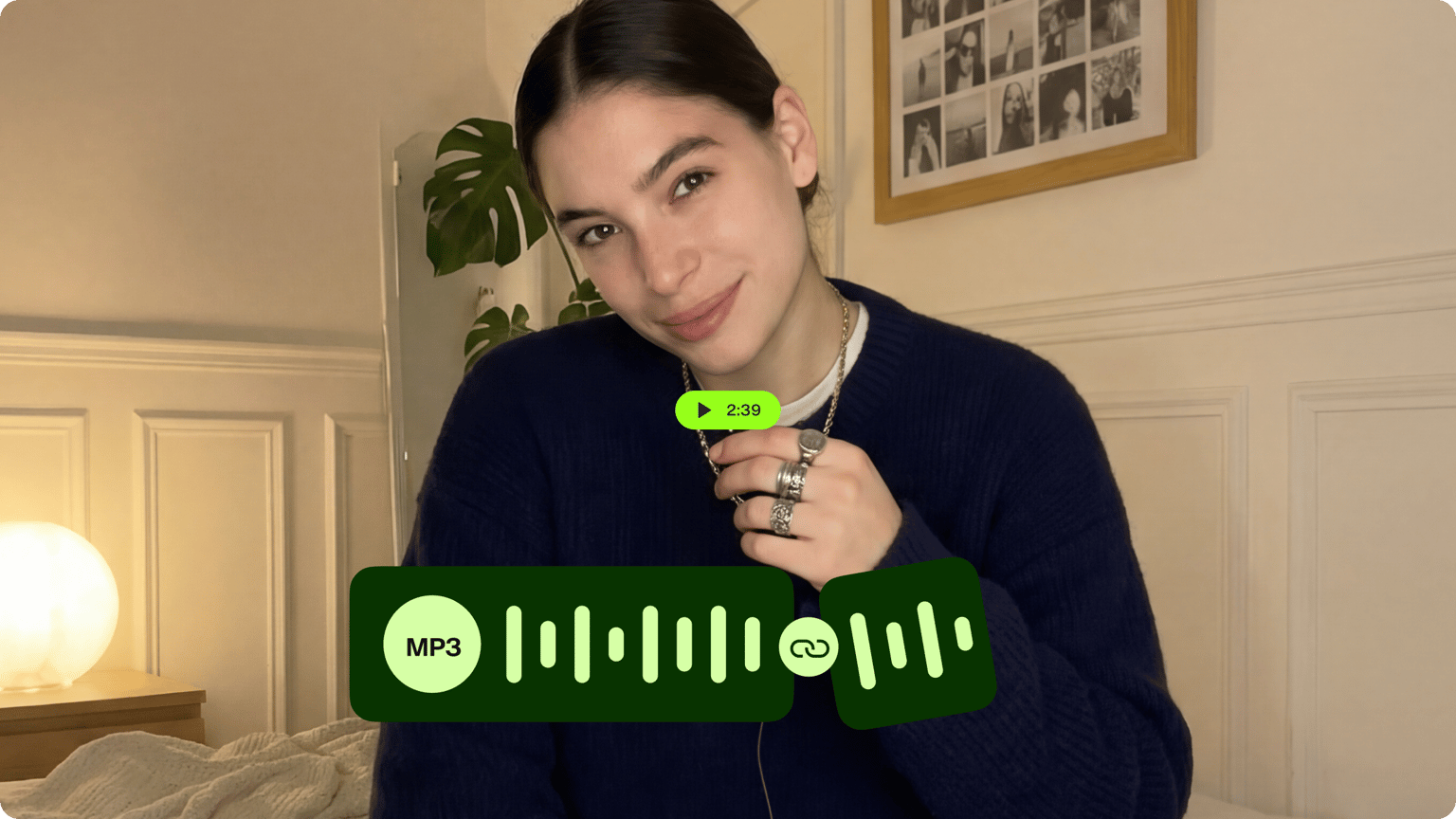 Woman in a blue sweater smiling behind an online audio joiner interface showing an MP3 waveform merge tool overlay.