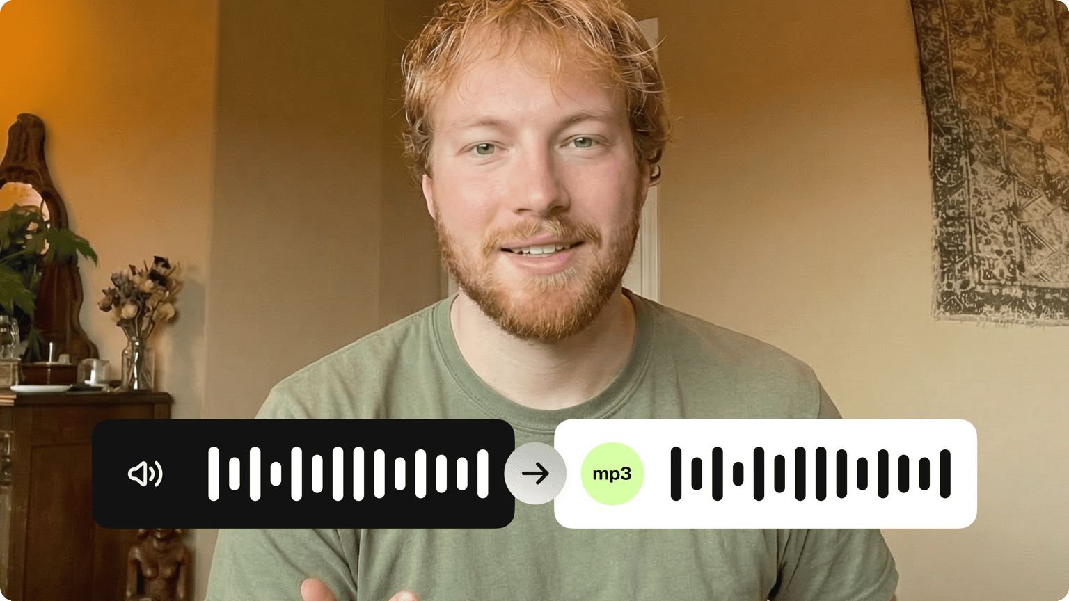 Audio to MP3 converter demo showing a black audio waveform and arrow pointing to an MP3 waveform over a smiling man