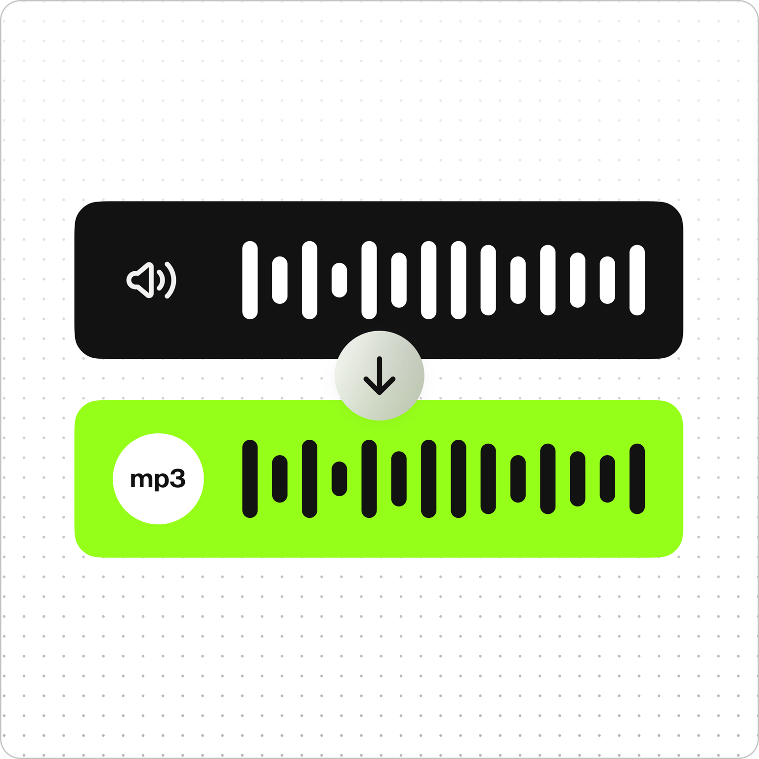 Audio to MP3 converter showing a black audio waveform with an arrow pointing down to a green MP3 audio waveform