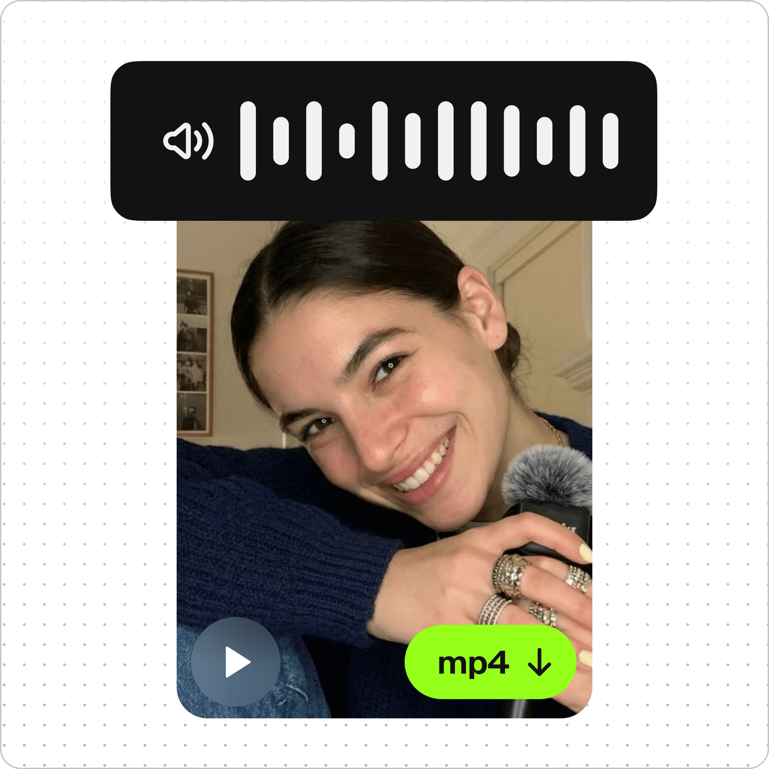 Audio to Video Converter showing sound wave above video of smiling woman holding mic and green mp4 download button