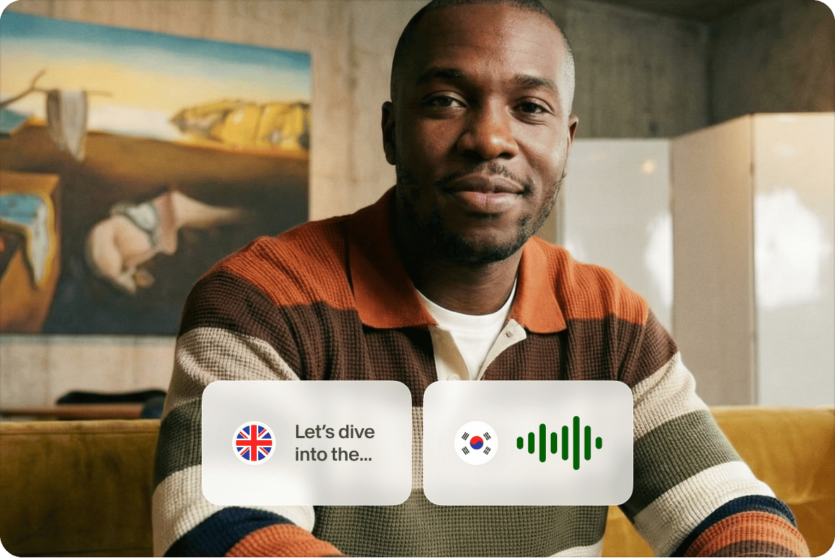 Man in a striped polo shirt with translation graphic bubbles changing English speech into a Korean audio soundwave.