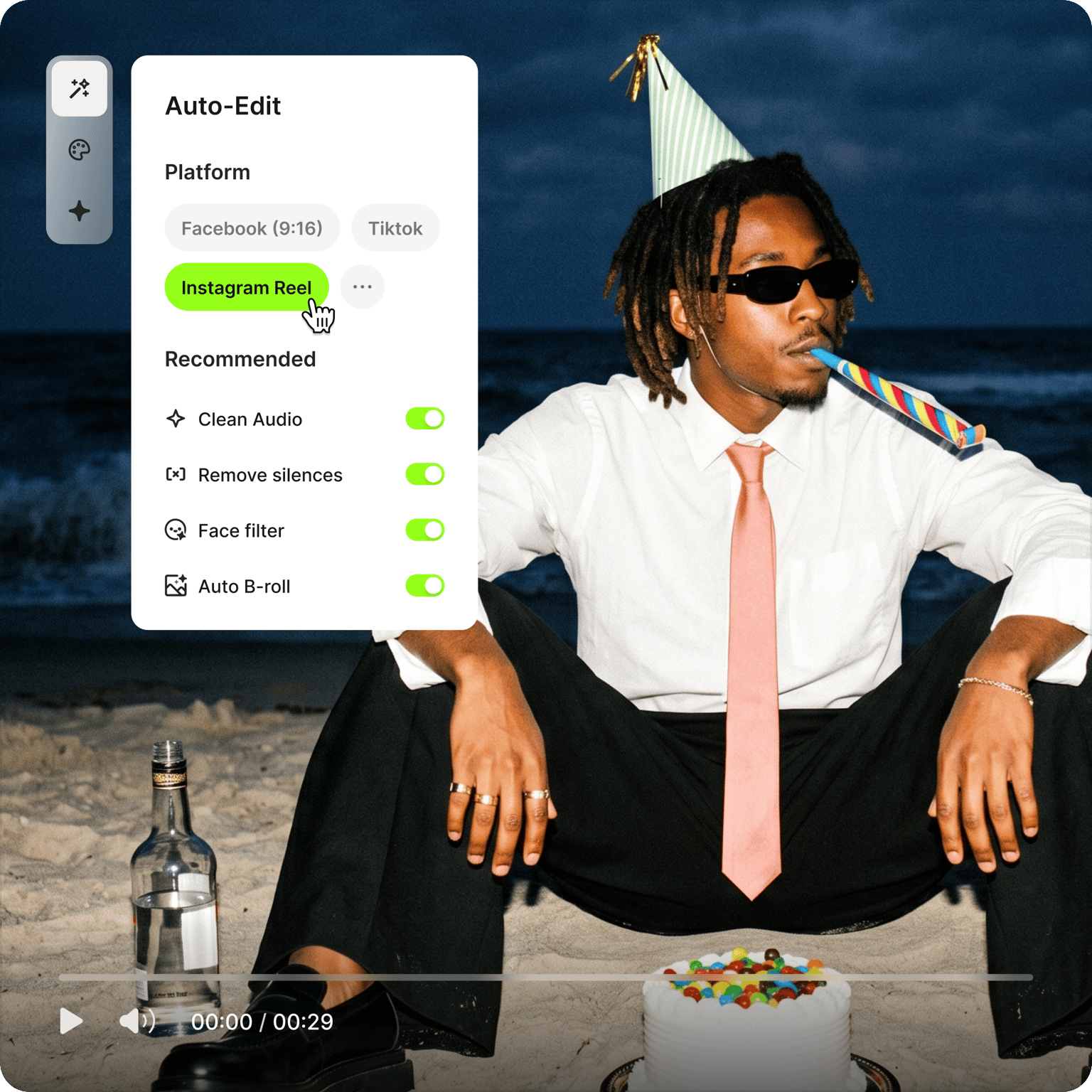 Auto video editor showing cursor selecting Instagram Reel over a video of a man in a party hat on a beach with a cake