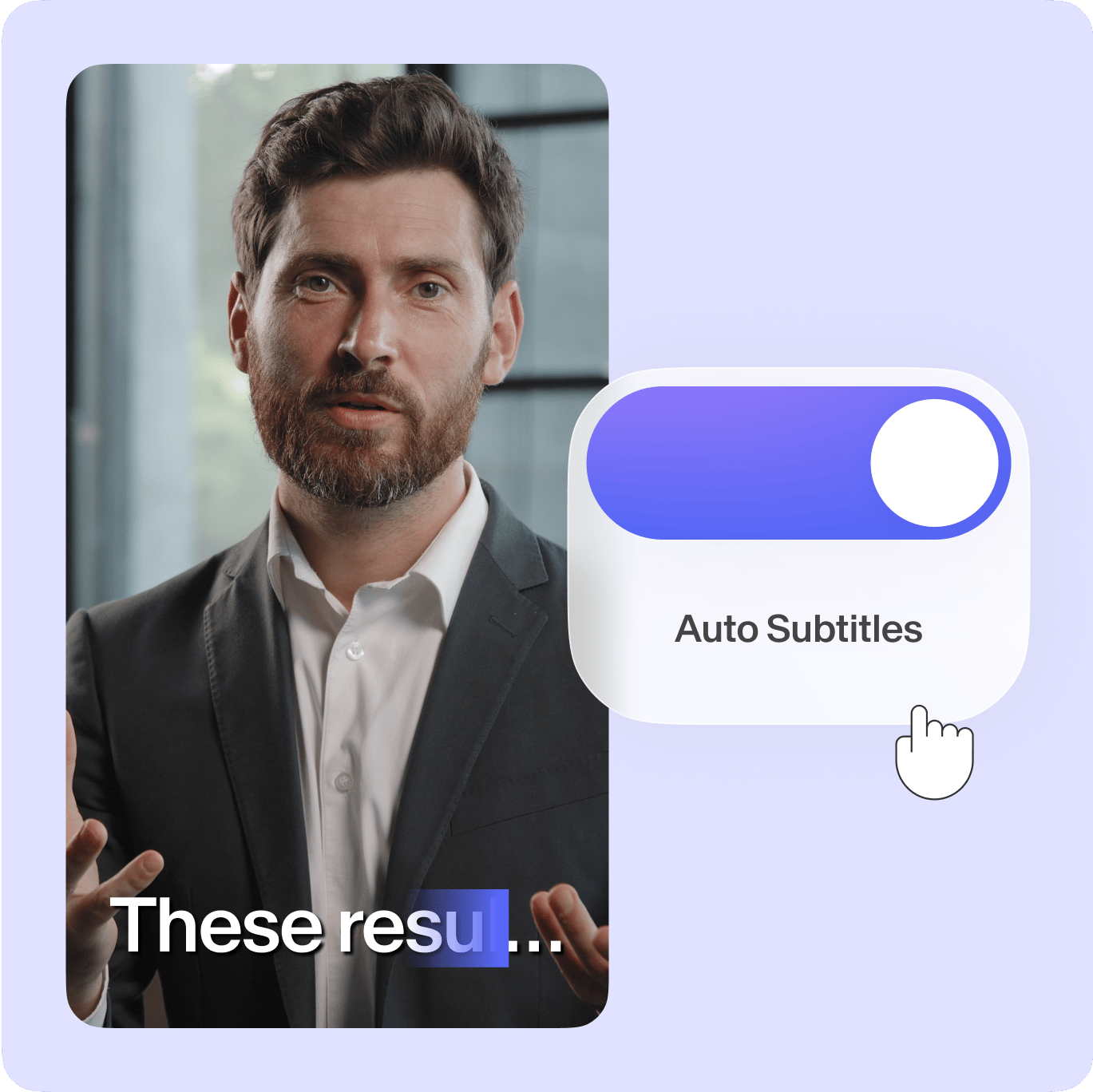 VEED's Auto Subtitles feature displayed with the toggle enabled, automatically generating captions on a video.