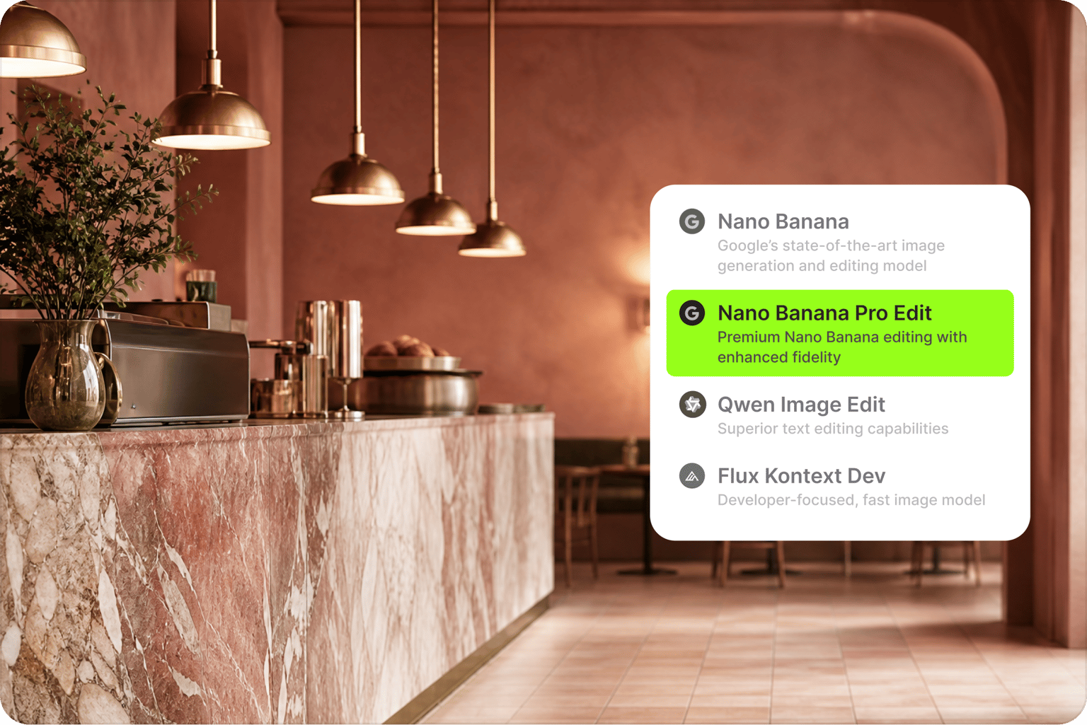 Coffee shop counter with pendant lights, list of AI background models with Nano Banana Pro Edit selected